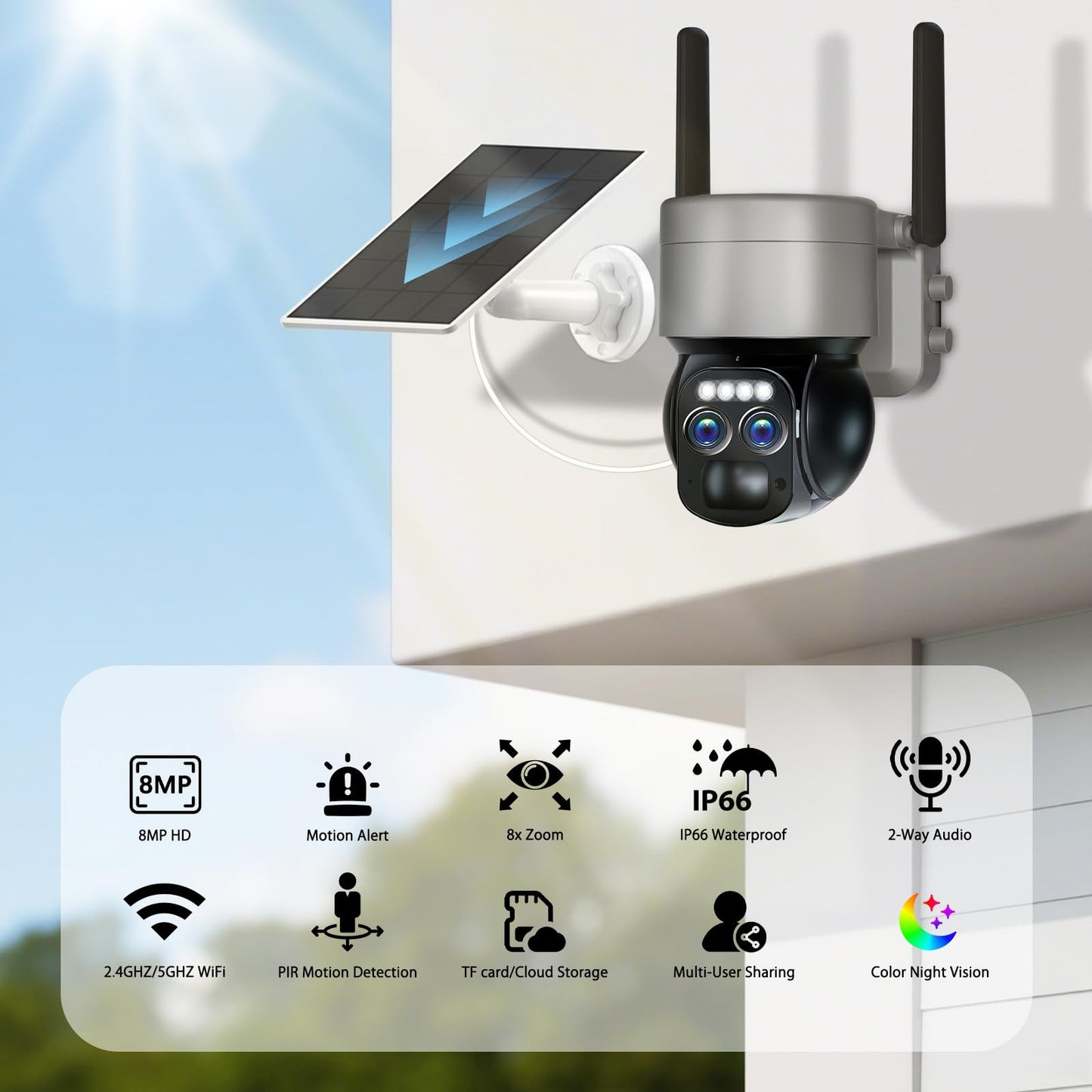 Caluxe 4K Solar Security Cameras Wireless Outdoor, 5G/2.4G WiFi 6, 360° PTZ Camera Surveillance Exterieur with Color Night Vision, 2-Way Audio, PIR Motion Detection, Auto Human Tracking, Waterproof