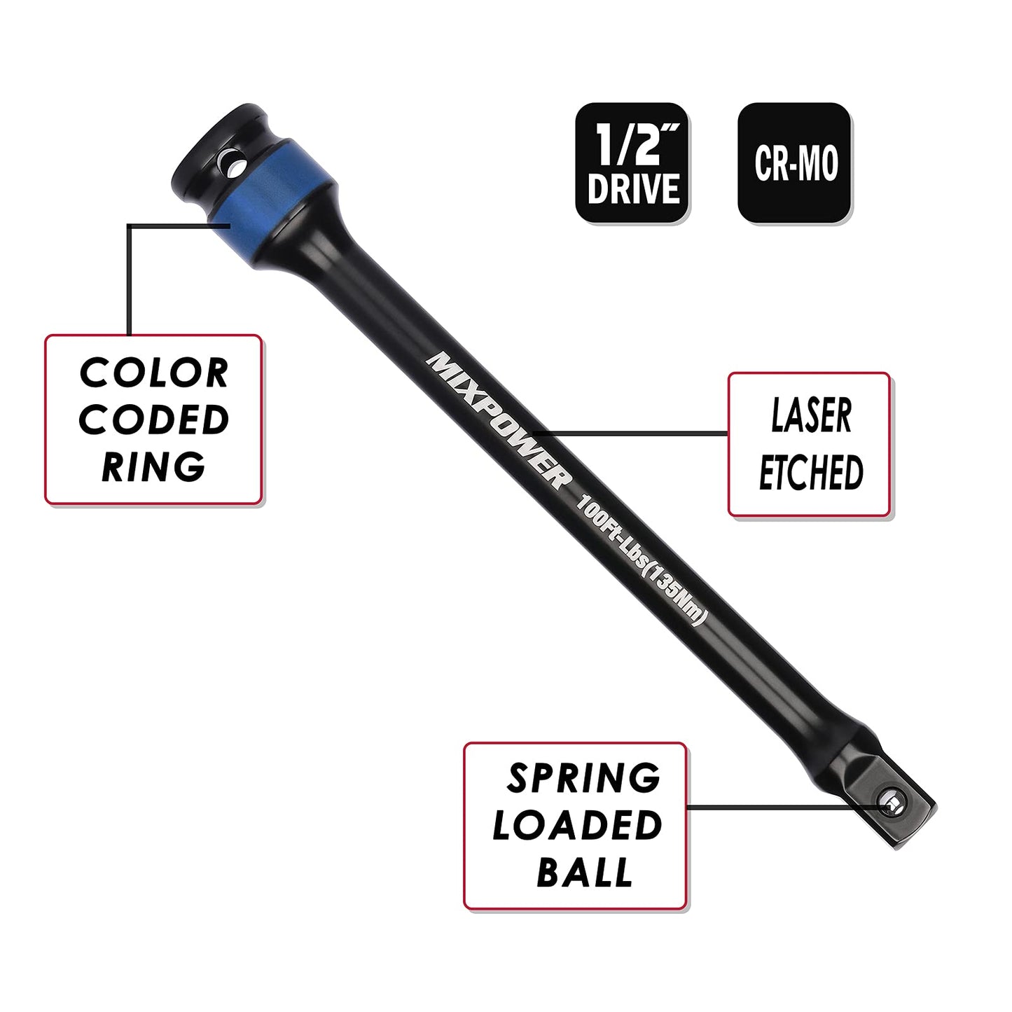 MIXPOWER 5 Pieces 1/2" Drive Torque Limiting Socket Extension Bars, 8 in Long Color-Tool Kit 65-140 ft/lb Set