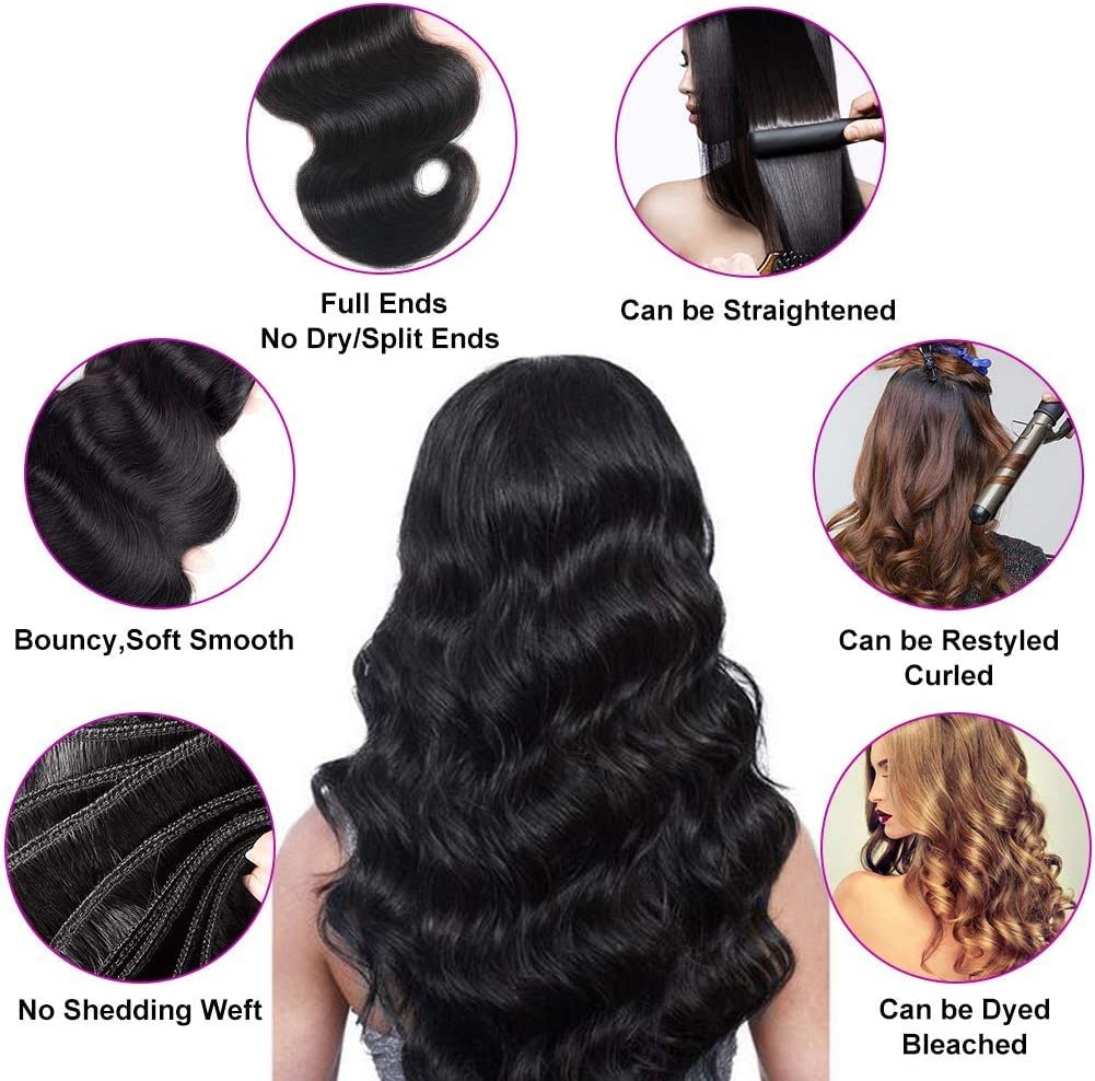 Body Wave Human Hair Bundles (10 12 14 Inch) 100% Unprocessed Human Hair Extensions for Women Brazilian Virgin Hair Weave Bundles Natural color