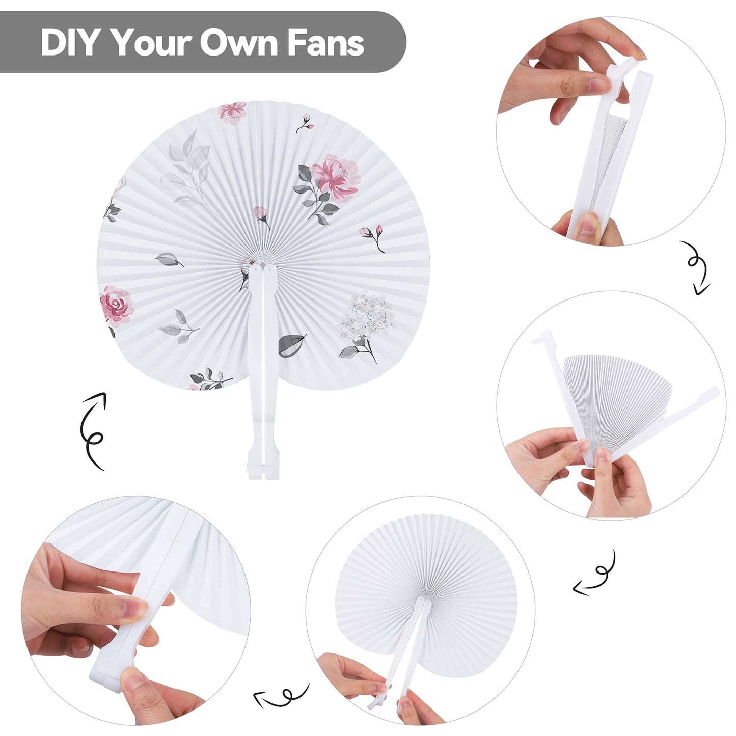 MCEAST 100 Pieces White Party Paper Fans Decorations Folding Fan Handheld Fan Round Shaped Paper Fans with Handle Hand Fans for Wedding Birthday Party Favors