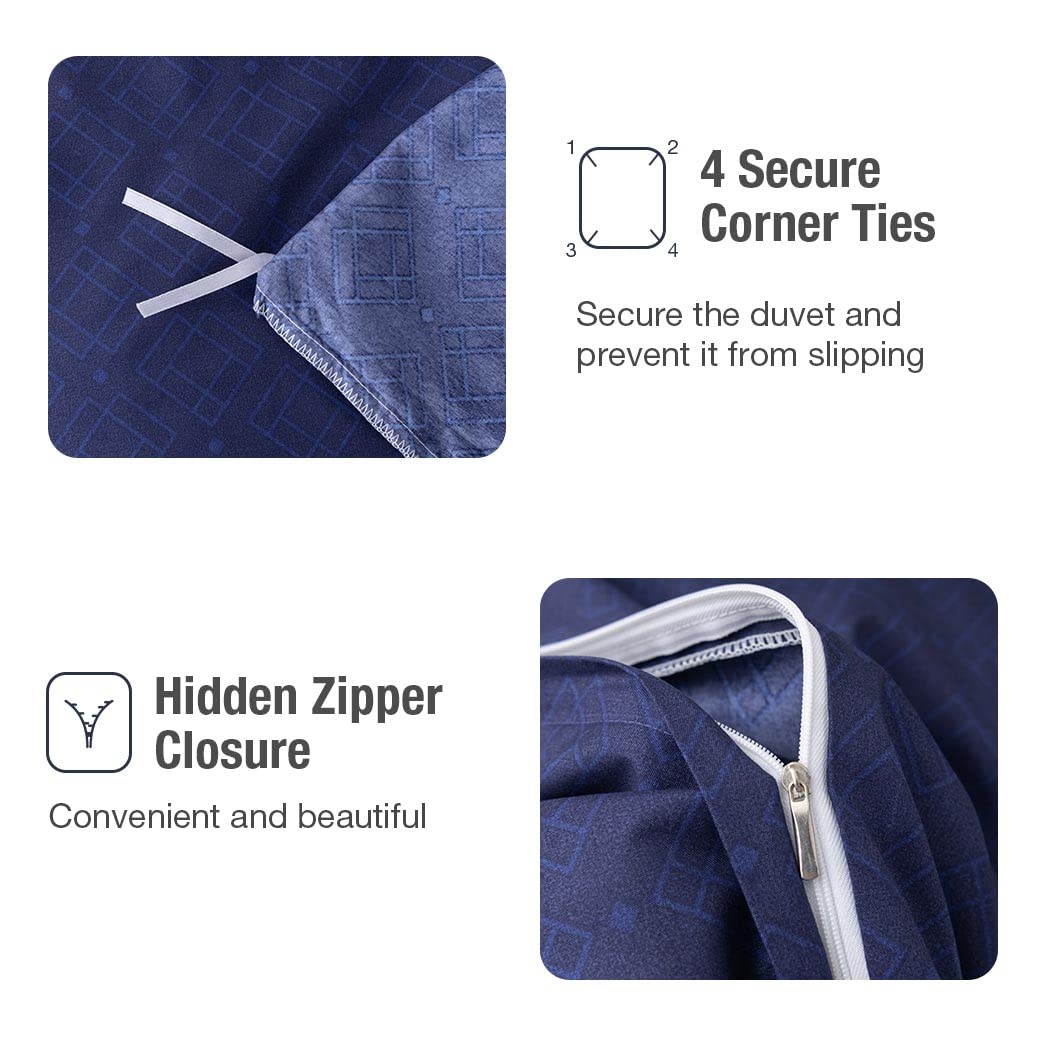 Conworld Duvet Cover Queen, 3 Pieces Bohemian Duvet Cover Sets with 2 Pillowshams, 1 Duvet Cover with Hidden Zipper & Corner Ties, Blue Striped