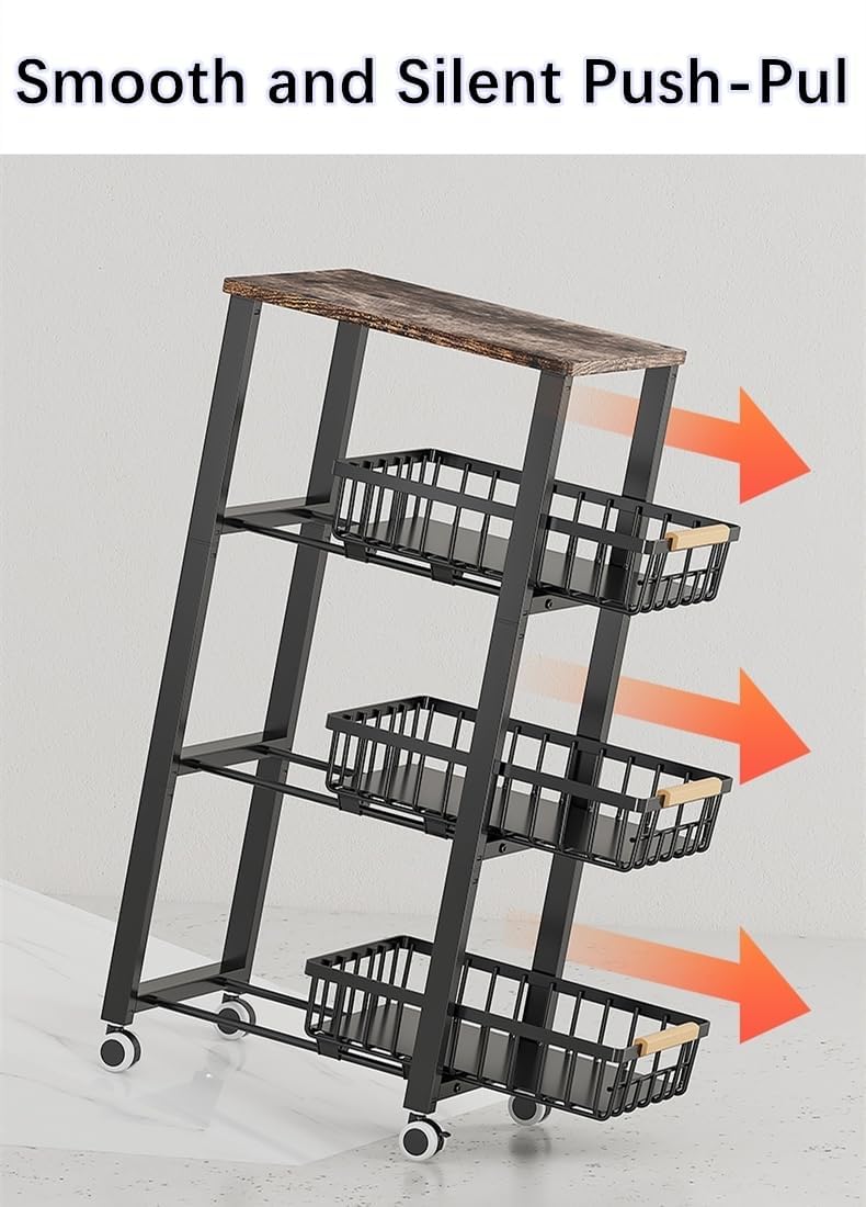 KOLENSA Metal Wire Baskets with Wheels, Stackable Storage Bins Kitchen Organizer Shelf, Multi Layer Fruit Vegetable Cart Dishes Seasonal Rack Freestanding with Pull Out Slide Drawer