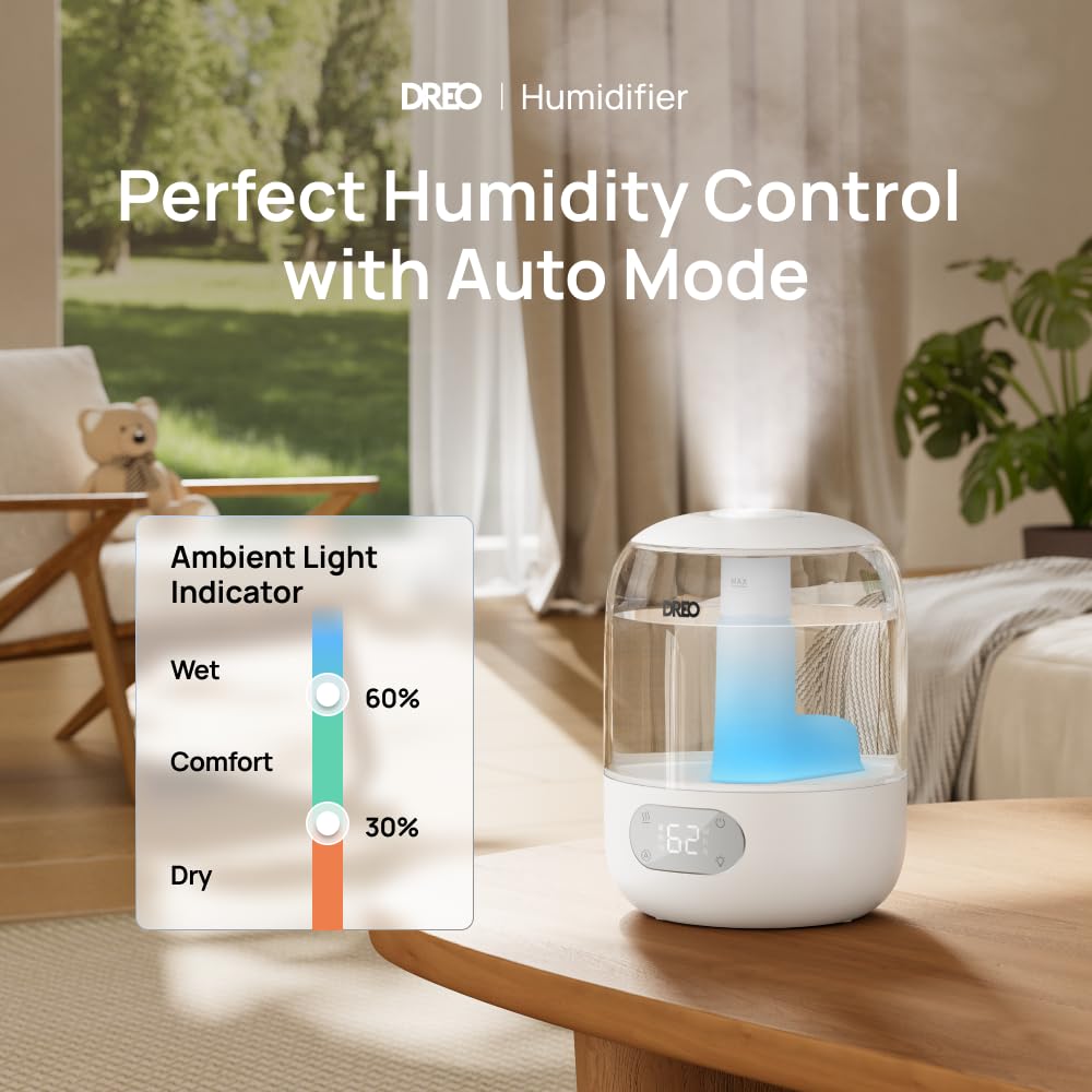 DREO Humidifiers for Bedroom, 3L Top Fill 30H & 26dB Quiet Cool Mist Air Humidifier, Easy to Fill & Clean Ultrasonic Humidifier for Plants, Baby, Nightlight, Humidity Sensor, 360° Nozzle, BPA free