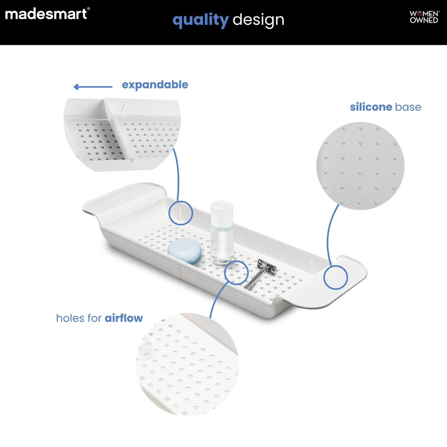 Madesmart Expandable Bath Tray for Bathtubs, Plastic Shower and Bath Shelf Caddy, White, Multifunctional Bathtub Bathroom Organizer, Premiumwhite