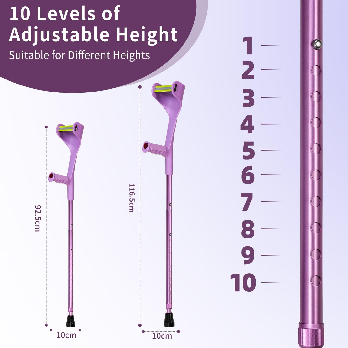 2 Pcs Forearm Crutches for Adults,Folding Walking Cane,10-Level Height Adjustment,Lightweight Aluminum Walking Aid,Rubber Grip, Slip-Resistant and Wear-Resistant,2-Pack Purple.