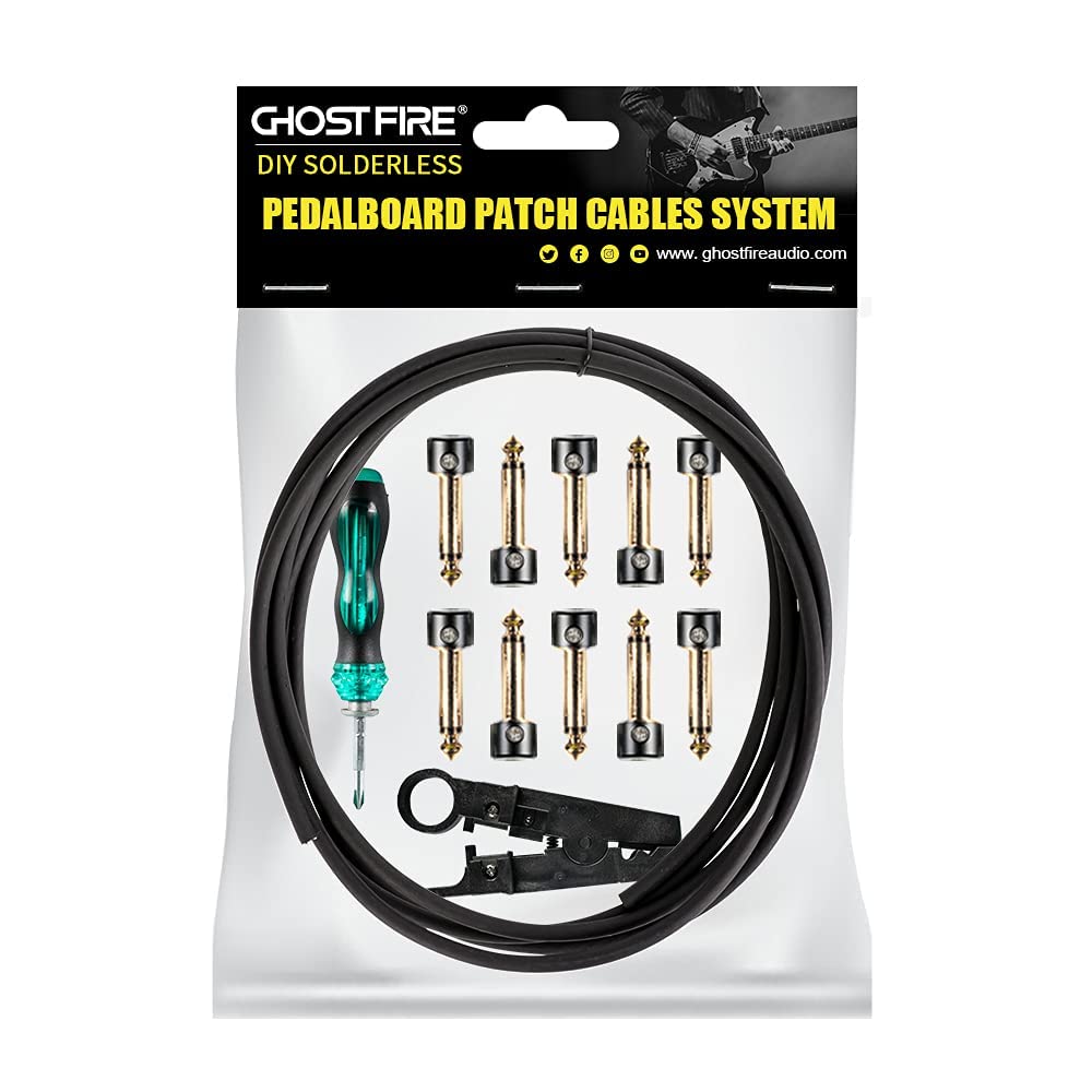 GHOSTFIRE Solderless Pedalboard Cable Kit, 6.5ft Cable & 10 Nickel Plated Copper Tip Connectors for Guitar Effects & Pedal Board, DIY Custom Patch Cables with Cutter, Bolt Driver (SP-02)
