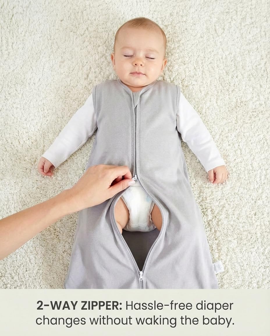 TURMEWU 3 Pack Baby Sleep Sack 6-12 Months 100% Organic Cotton, 0.5 TOG Lightweight Wearable Blanket, 2-Way Zipper Sleeping Bag, Cotton&Fawn&Grey