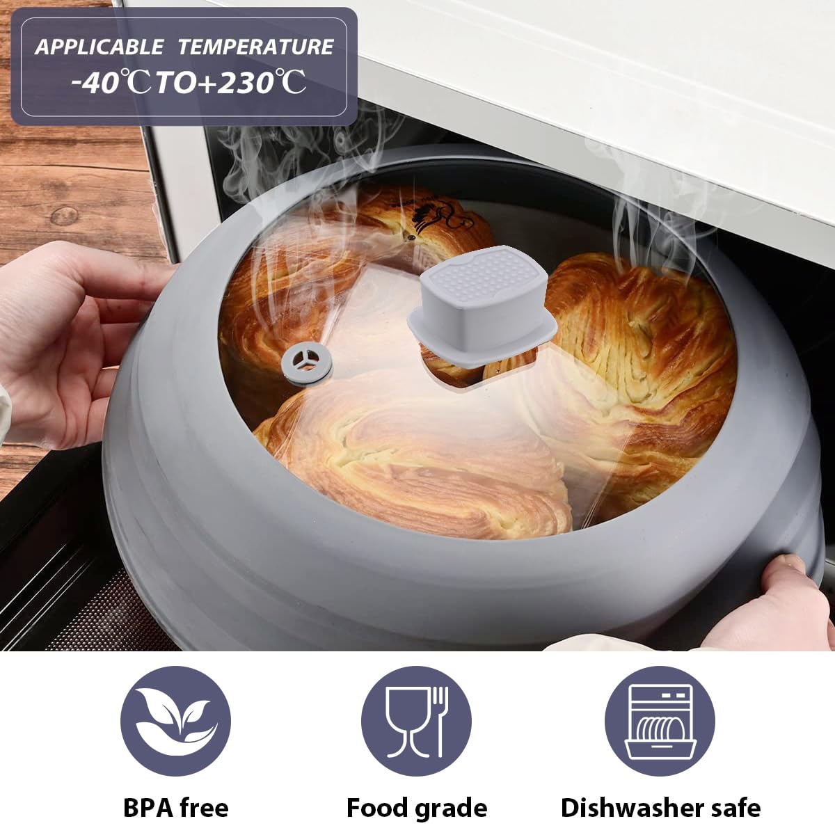 Microwave Splatter Cover Glass Cover Guard Lid 6 inch Height with Collapsible Silicone for Food Pot Plate 12.5 inch Grey
