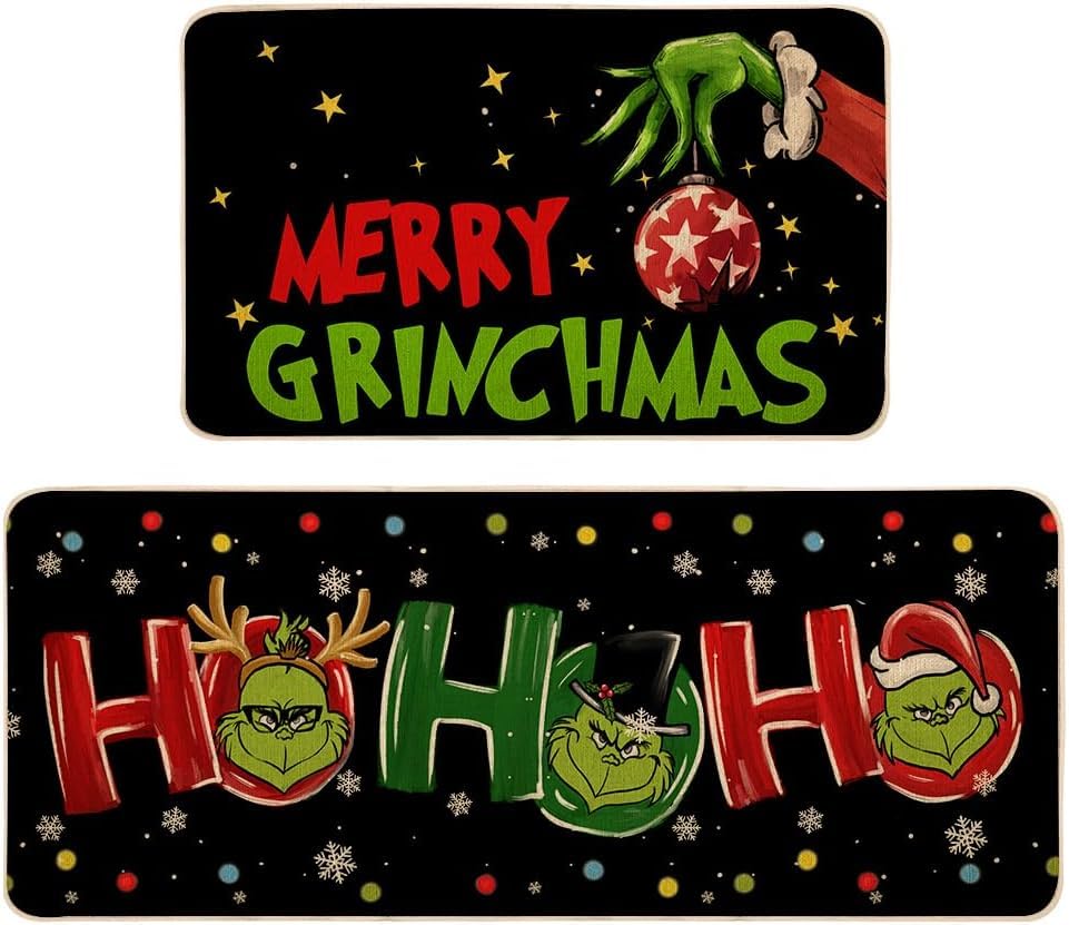 Christmas Kitchen Mats Sets of 2, Winter Xmas Kitchen Rugs Non Skid Washable Doormat Farmhouse Style Decor Mats for Floor 17x29 and 17x47 Inch DM106