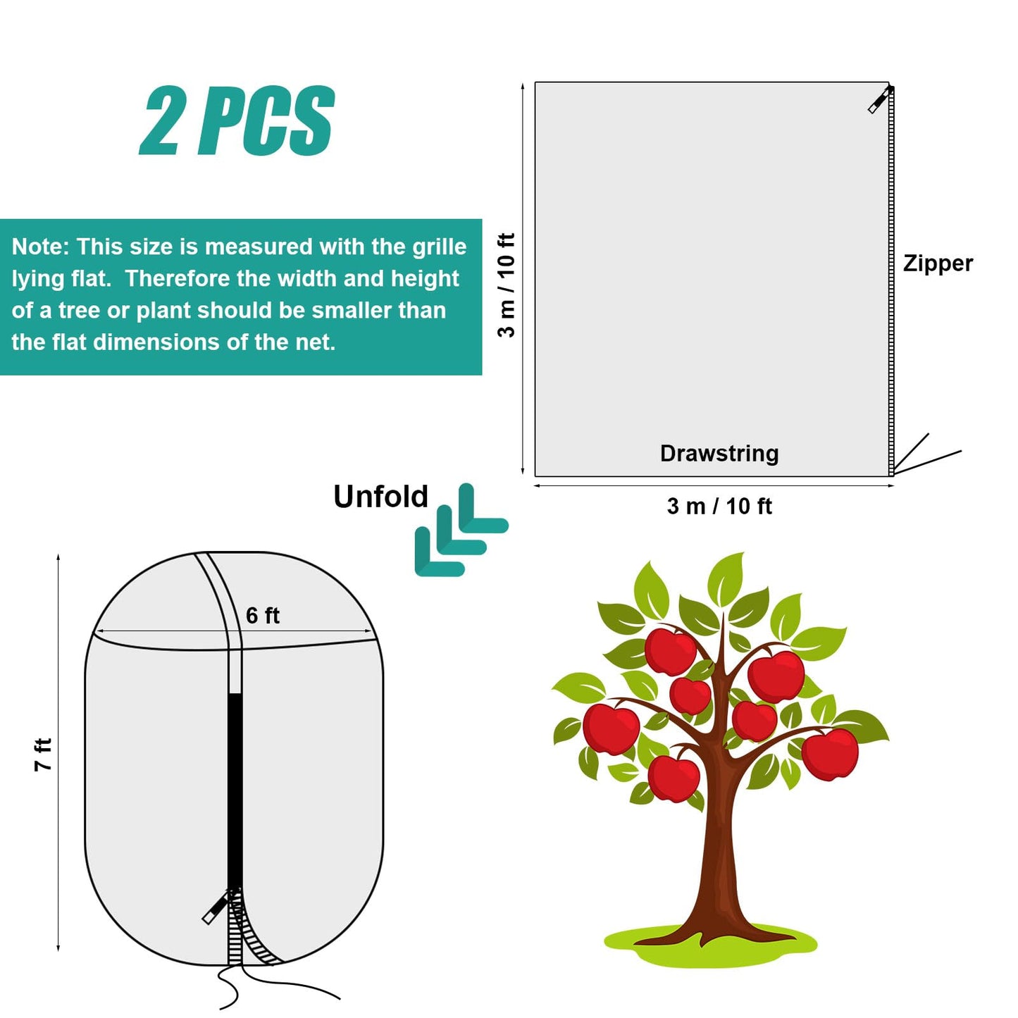 2pcs 10ftx10ft Large Fruit Tree Netting Bags, Bird Netting for Fruit Trees Cicada Tree Netting for Fruits Tree Garden Vegetables Protection