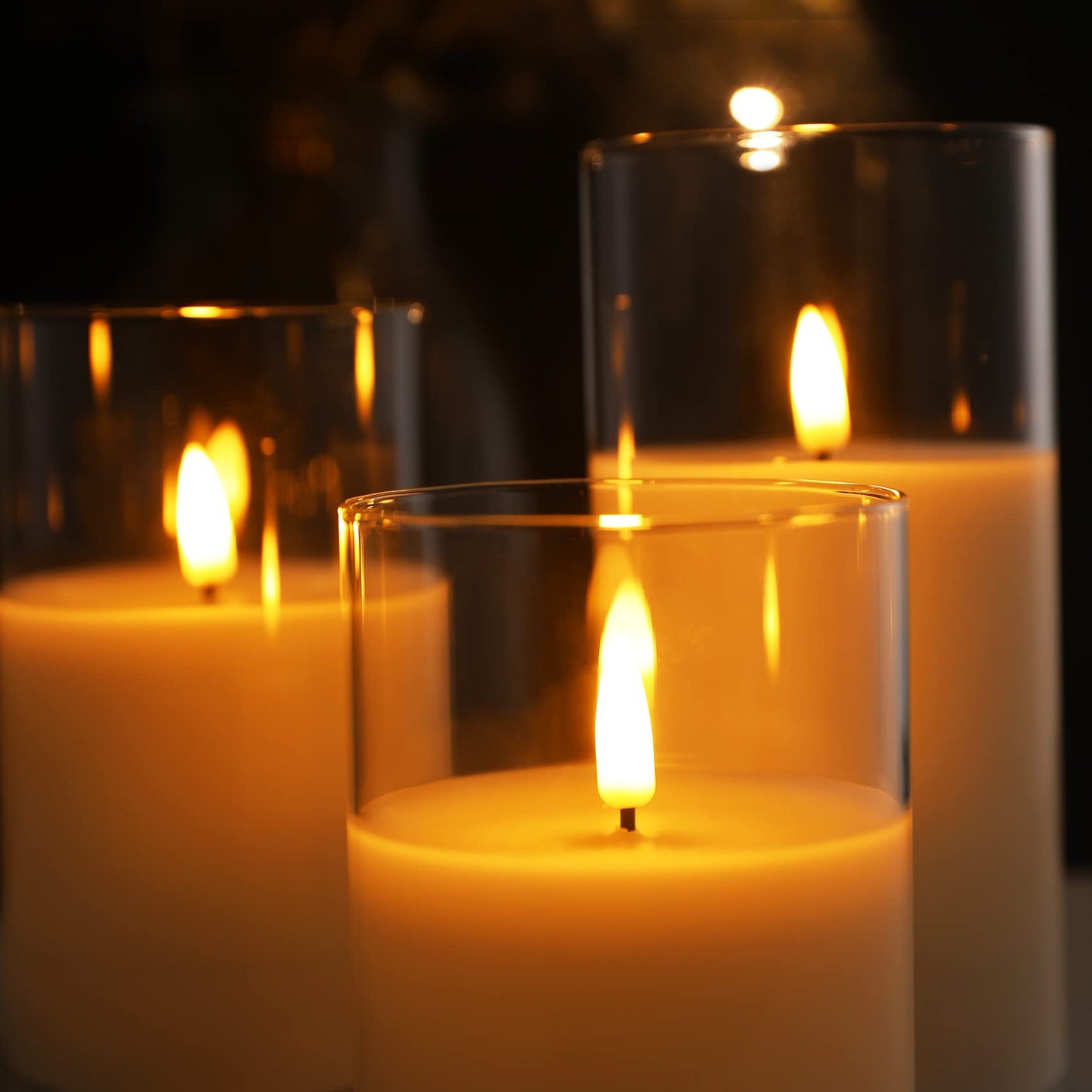 Eywamage Clear Glass Flameless Candles with Remote Set of 3, White Flickering Battery Operated LED Pillar Candles Φ 3" H 4" 5" 6"