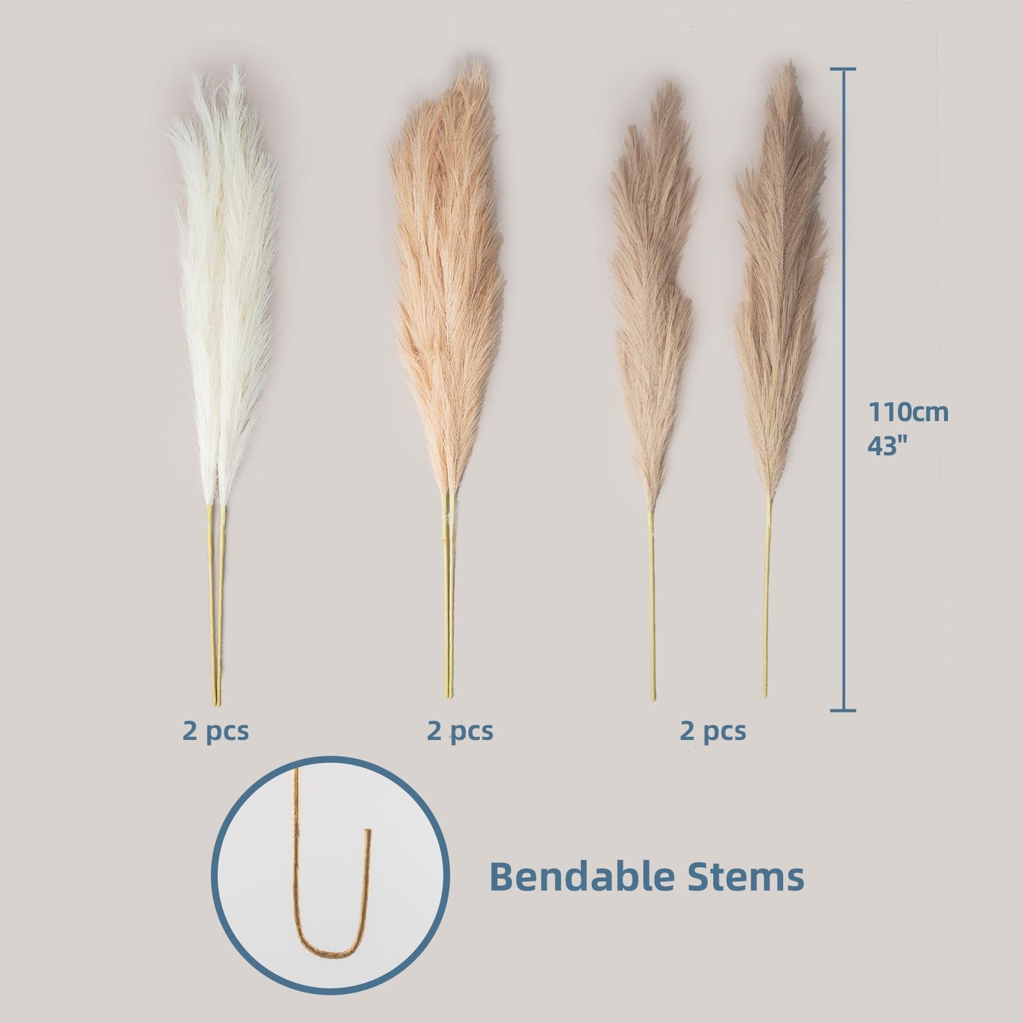 Pampas Grass Decor Tall, 43"/110cm Faux Pampas Grass 6 Stems Large Pompass Grass Branches Tall Bulk Boho Flower Arrangement for Home Room Wedding Party Decor