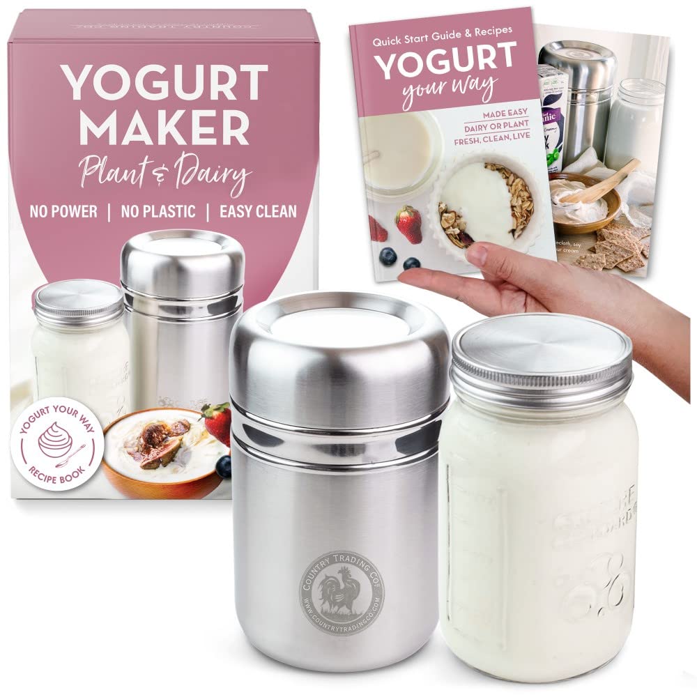 Stainless Steel Yogurt Maker with 1 Litre Glass Jar and Complete Recipe Book to Make 12+ Easy Homemade Dairy Free and Milk Yogurts