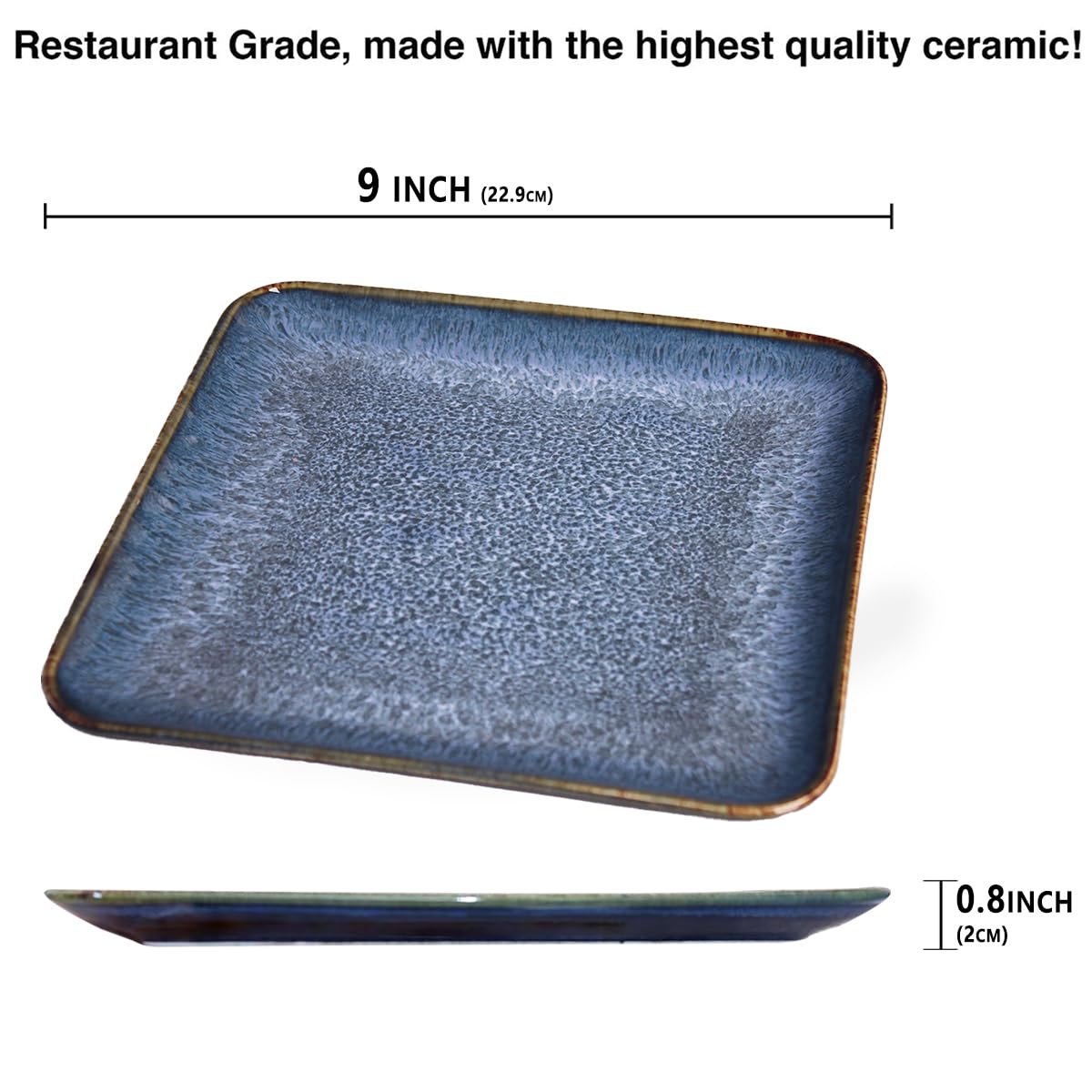 jinsongdafa 4-piece ceramic dinner plate set, suitable for steak, pasta and pizza, microwave- and dishwasher-safe, scratch-resistant, blue 9-inch square dinner plate