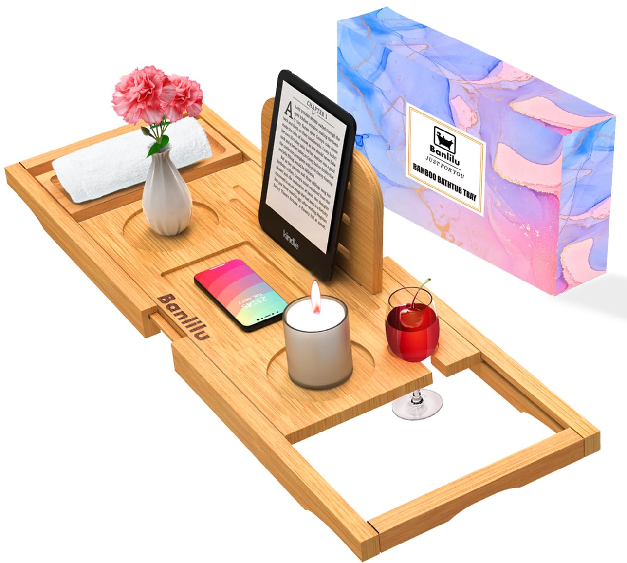 Premium Bamboo Bathtub Tray Caddy - Bath Tray Adjustable - Bathroom Trays for Bathtub,Expandable Size, Fits Most Bath Tubs