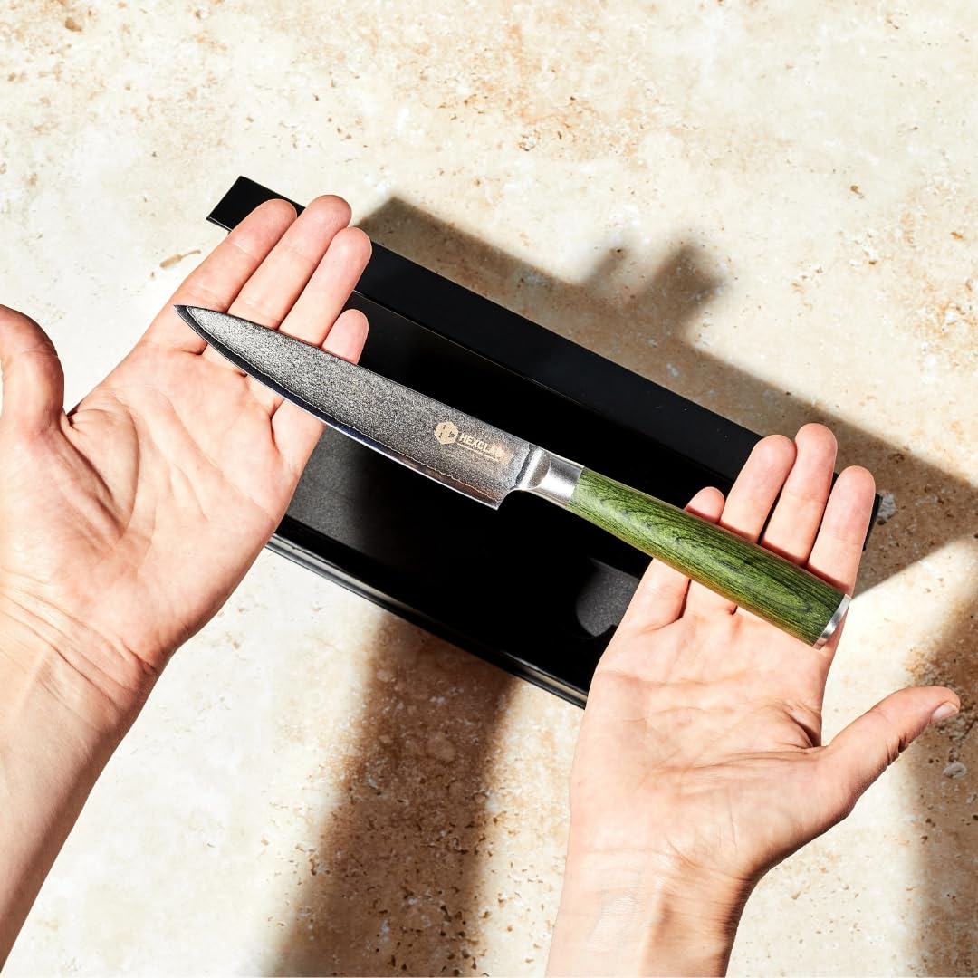 HexClad Utility Knife, 5-Inch Japanese Damascus Stainless Steel Blade Full Tang Construction, Pakkawood Handle