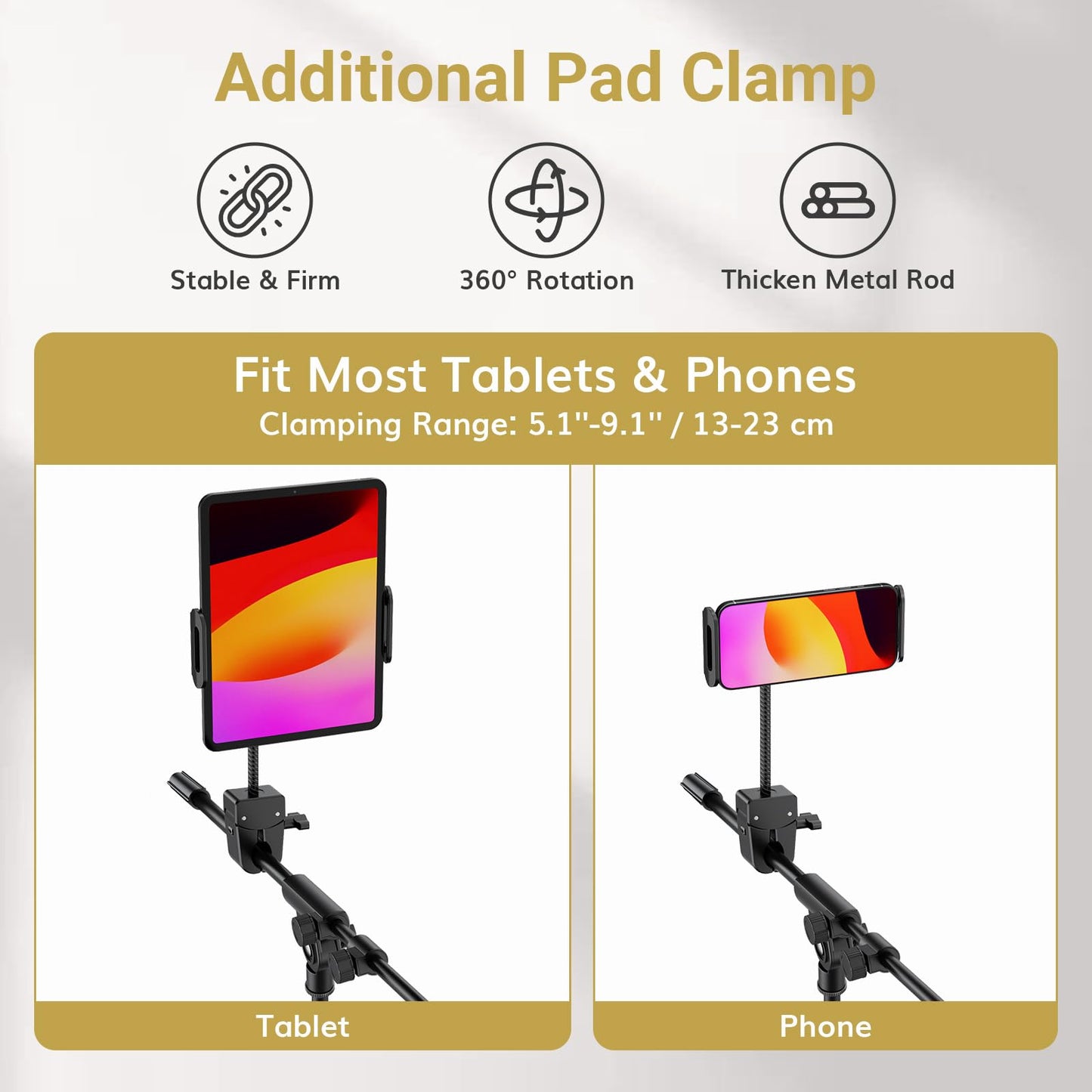 TONOR Mic Stand, Microphone Stand with Tablet Holder, Tripod Boom Arm for Floor, Adjustable Height and Angle, Heavy Duty DJ Stand with Carrying Bag, Phone and iPad Clamp