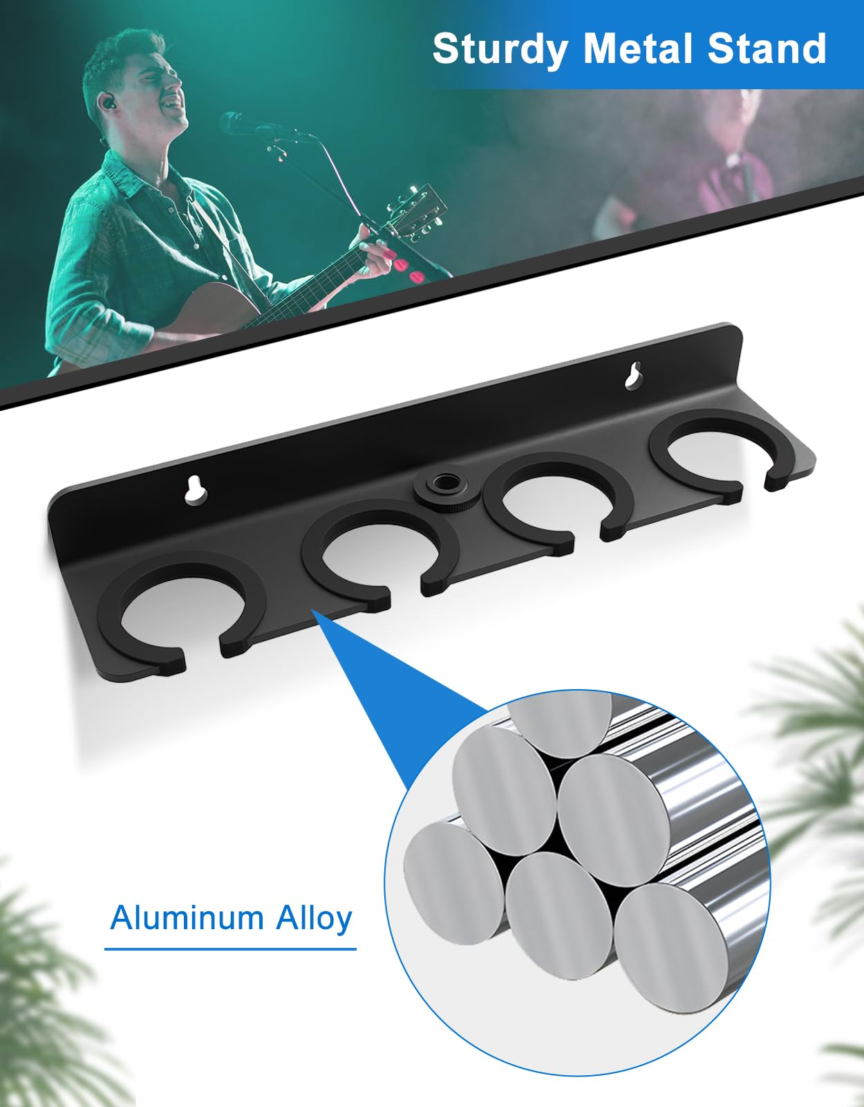 Multi Microphone Holder for Wired and Wireless Mics, Hold Up to 4 Mics, Multiple Mic Organizer Storage for Mic Stand, Rubber Padding/Wall Mounted or Mounted to 5/8"-27 or 3/8"-16 threaded Stands