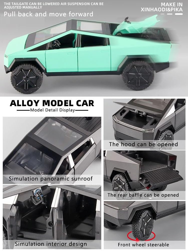 1:24 Cyberpunk Pickup Truck Model Alloy Simulation Sound and Light Pull Back Off-Road Vehicle Boys Collection Decoration Birthday Gift (Silver)