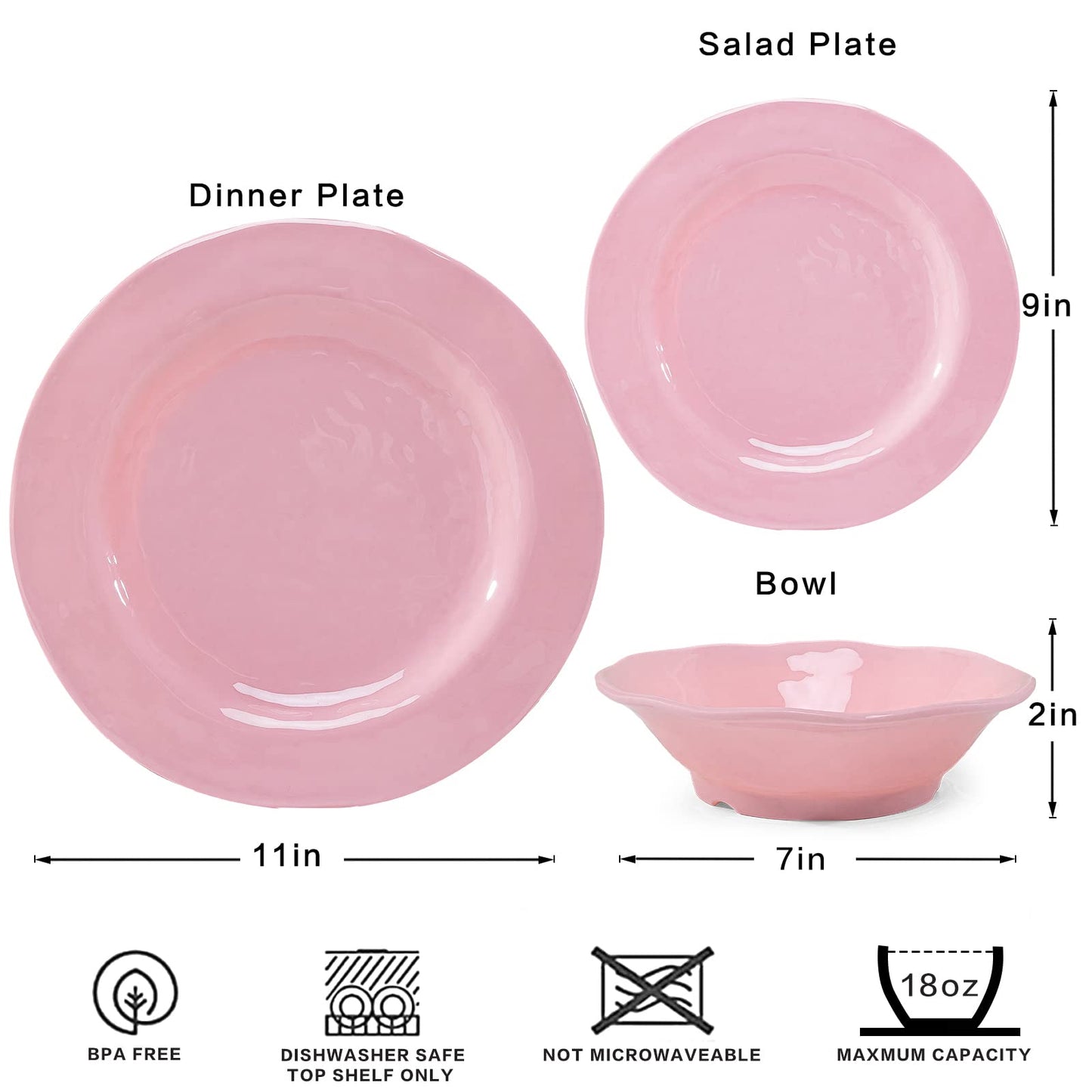 LEHAHA Pink Dishes Melamine Dinnerware Sets, 12 Piece Kitchen Plates and Bowls Dinnerware Sets, Lightweight, BPA free Melamine Dishes for Girls, Valentine's Day, Mother's Day.