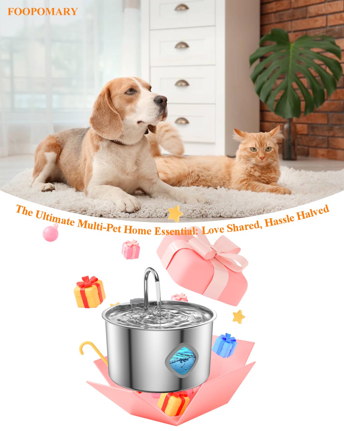 Cat Water Fountain Stainless Steel with 8 Filters Kit, 3.2L/108oz Automatic Pet Drinking Dispenser with Faucet & Flower Mode, Quiet Electric Metal Water Bowl for Indoor Cats S/M Dogs Pets