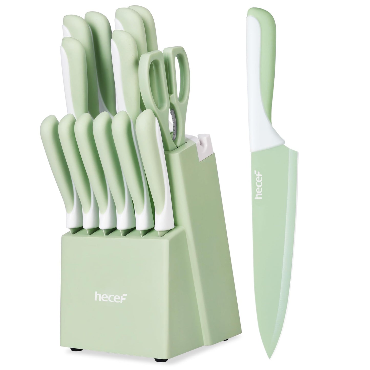 hecef 13 Pieces Kitchen Knife Set with Built-in Sharpening Wooden Block, High Carbon Stainless Steel Knife Block Set with Steak Knives, Kitchen Scissors (Green)