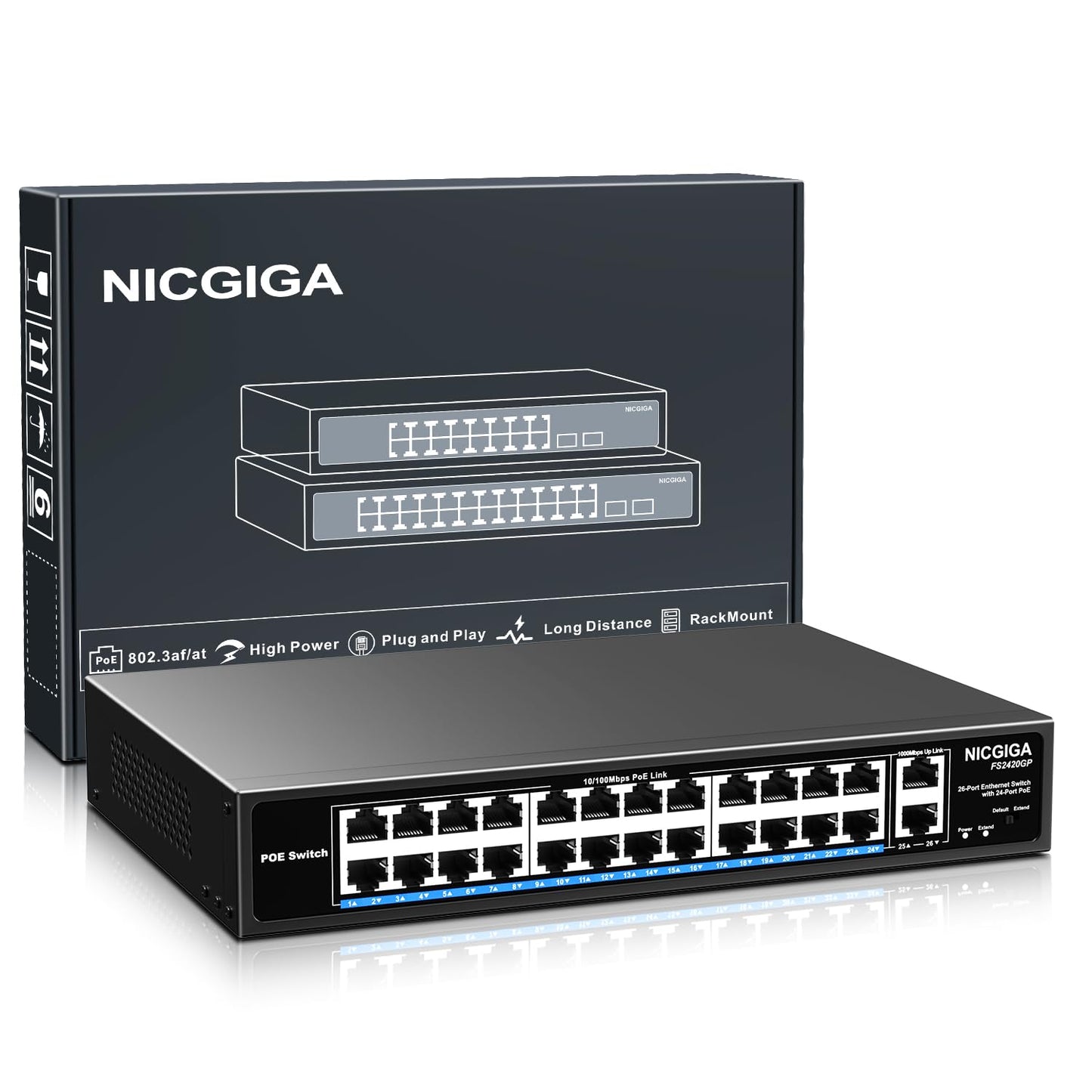 24 Port PoE Switch Unmanaged, 24 Port PoE+@400W, 2 Gigabit Uplink Ports, NICGIGA 26 Port Network Power Over Ethernet Switch, VLAN Mode, 250m Extend, 19 inch RackMount, Plug and Play.