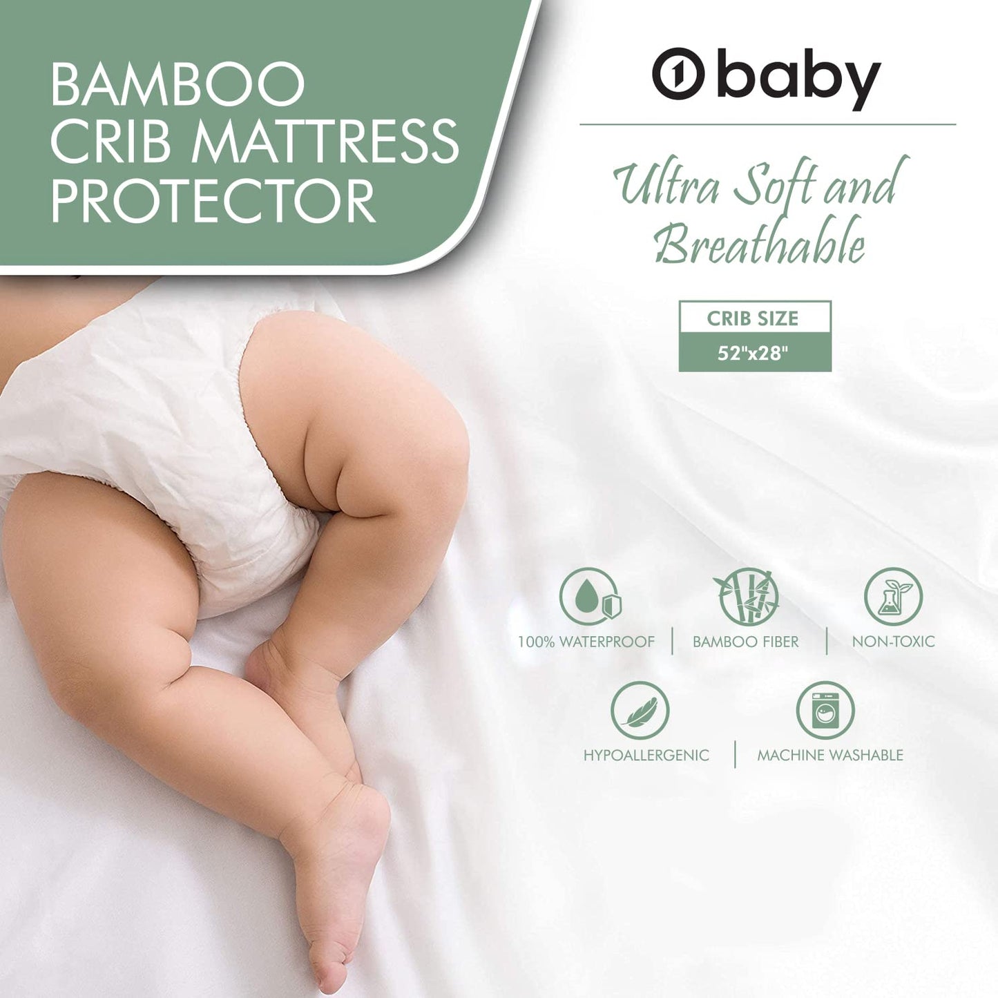 Ultra Soft Bamboo Crib Mattress Protector, Waterproof Baby Crib Sheet, 52x28x9, Long Skirt, Hypoallergenic, Crib Mattress Cover, o1baby, o1brand (2 Pack)