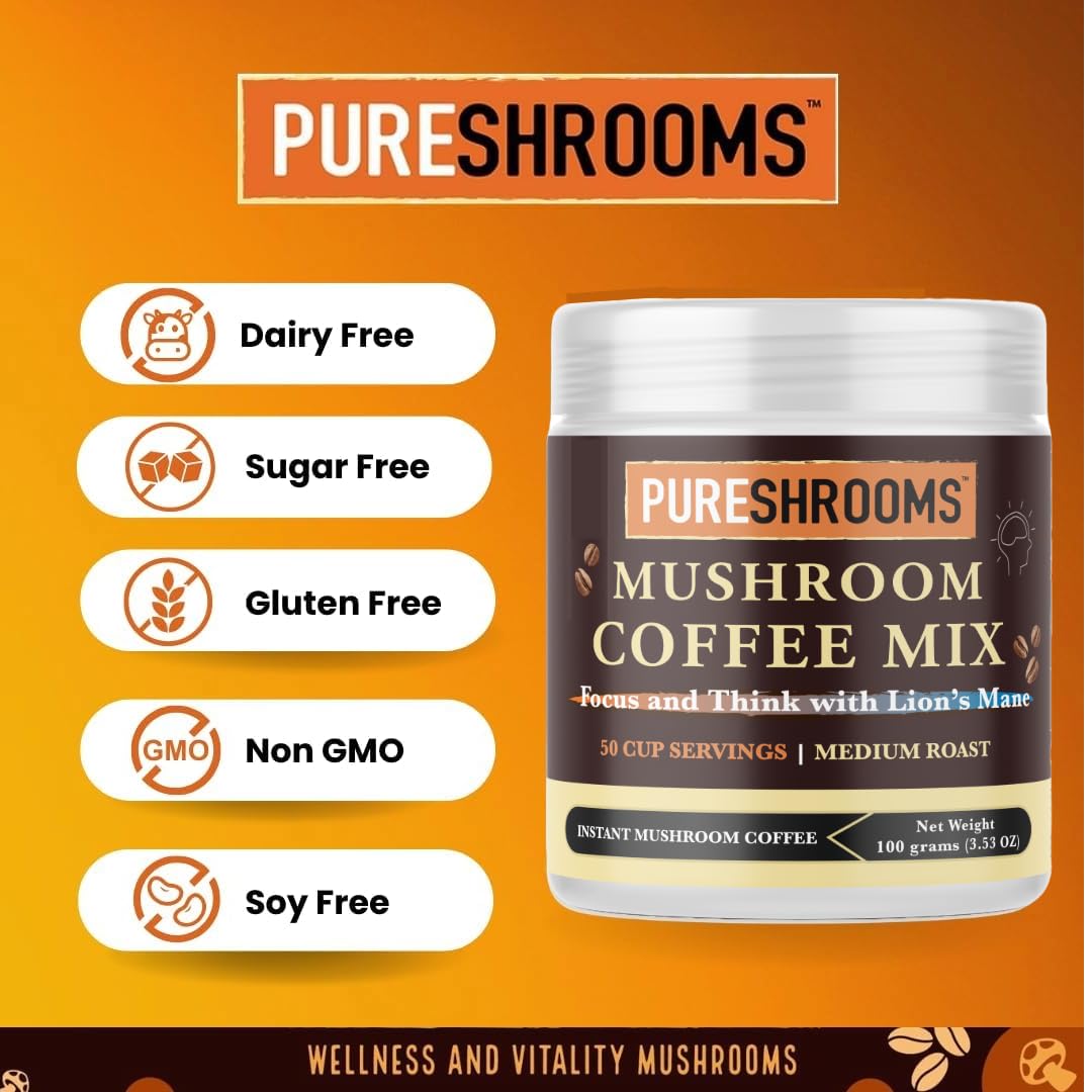 PureShrooms Focus & Think Mushroom Coffee with Ultra Concentrated Lion's Mane Mushroom, L-theanine - Vegan and Keto-Friendly (100 grams)