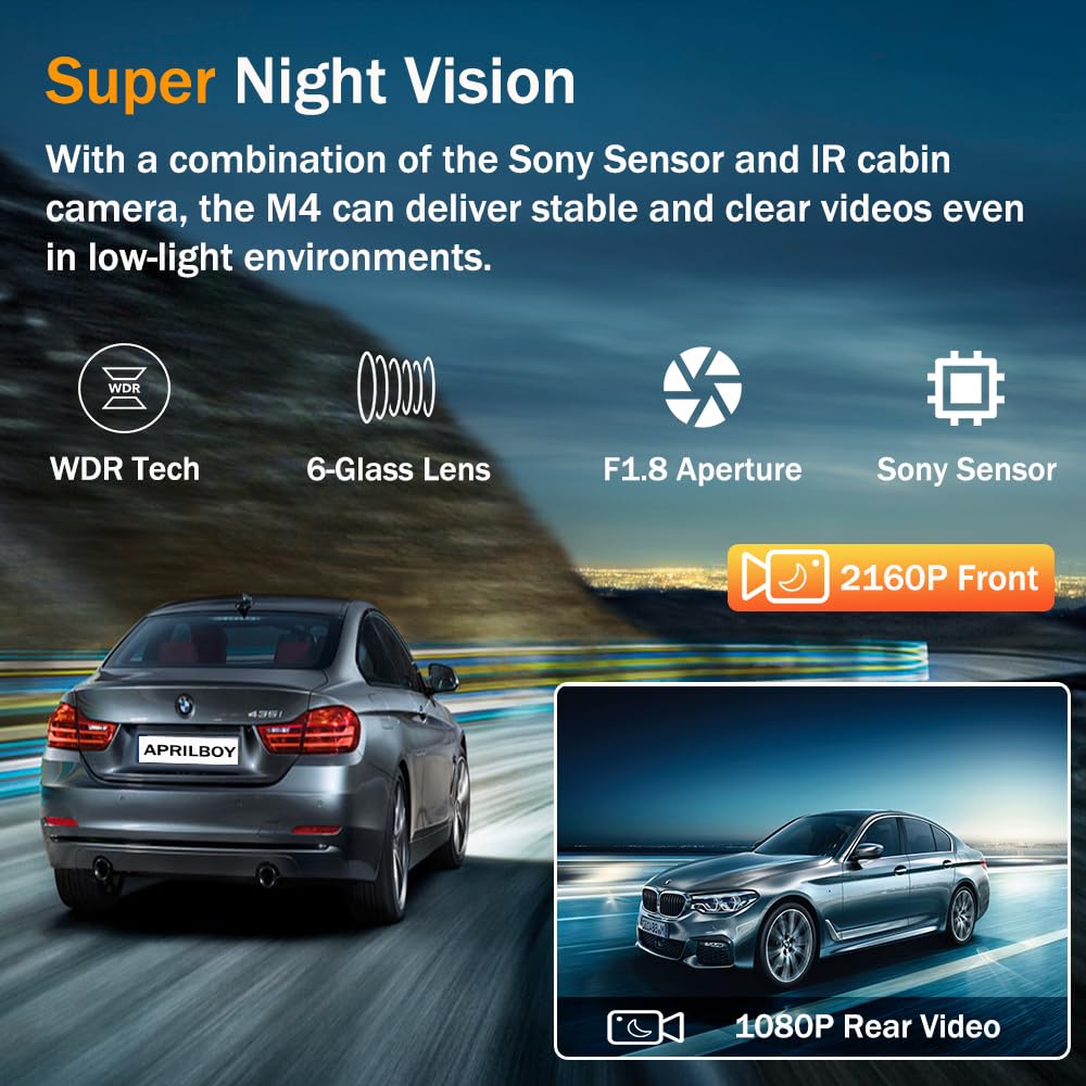 4K Dash cam, Front and Rear Dash Camera for Cars with Free 64GB Card, 170°Wide Angle, G-Sensor, Night Vision, Loop Recording, Parking Mode