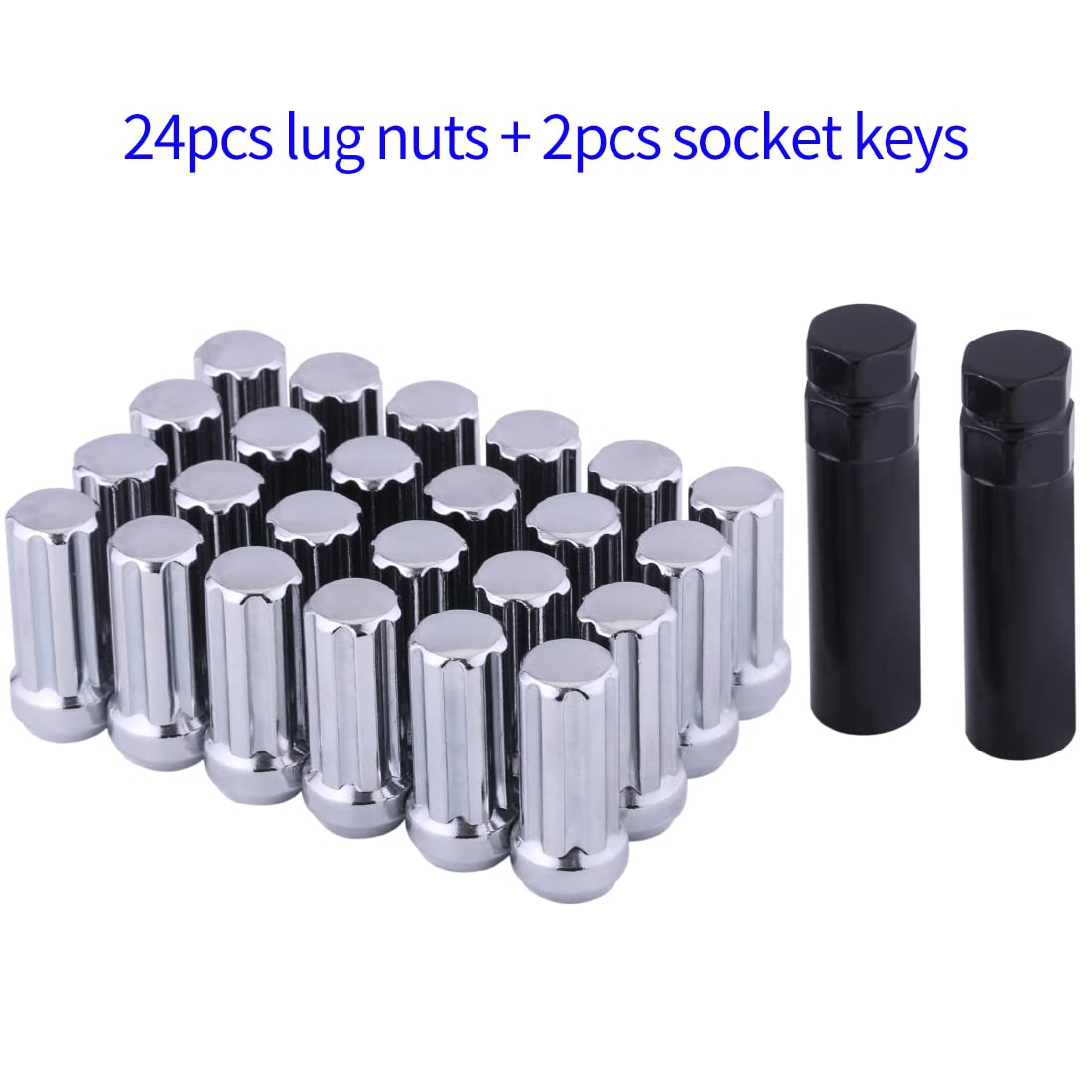 M14x1.5 Chrome Lug Nuts 2" Tall Set of 24 With 2 Socket Keys - Spline Acorn Aftermarket Wheel Lug Nut for Silverado Suburban Avalanche