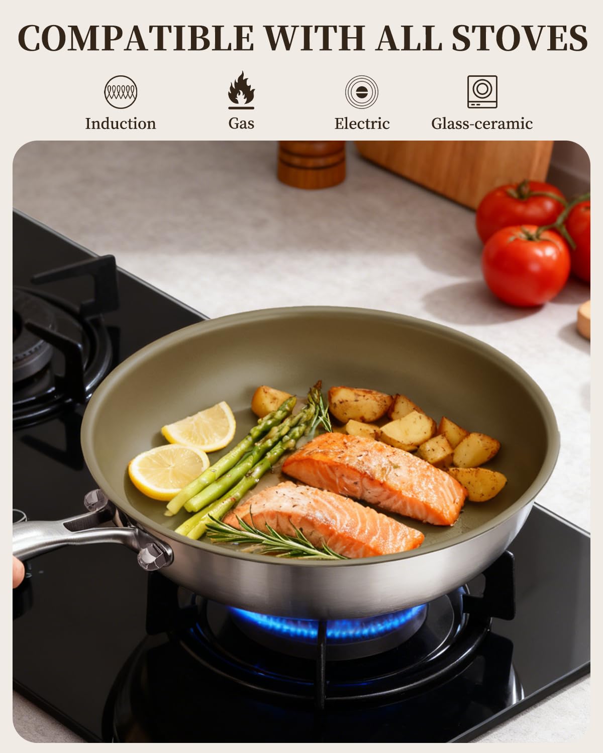 ABIJAN 11inch Stainless Steel Pan, Non Stick Frying pan, 3-Ply Titanium pan, Induction Cooking pan, Compatible with All Cooktops, Oven Safe, PFOA/PFAS/PTFE Free, Brown