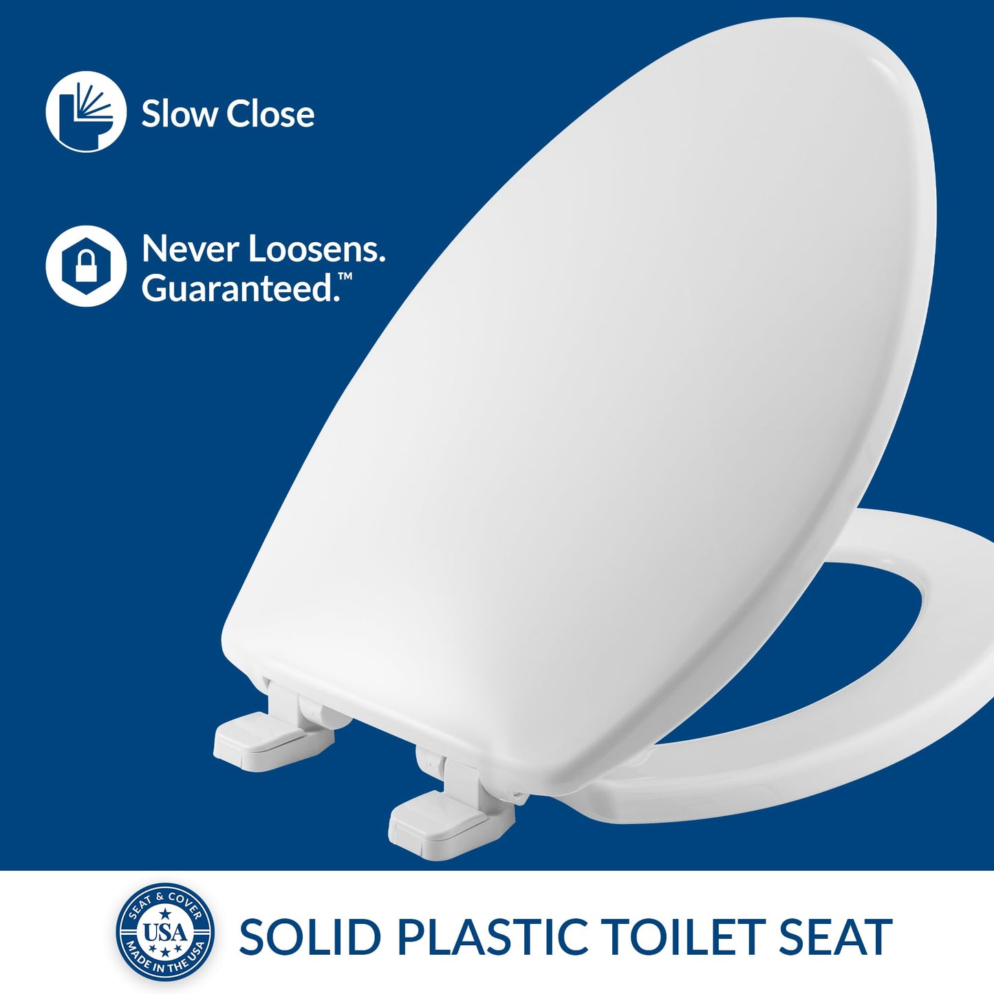 MAYFAIR 1880SLOW 000 Caswell Toilet Seat will Slowly Close and Never Loosen, ELONGATED, Long Lasting Plastic, White