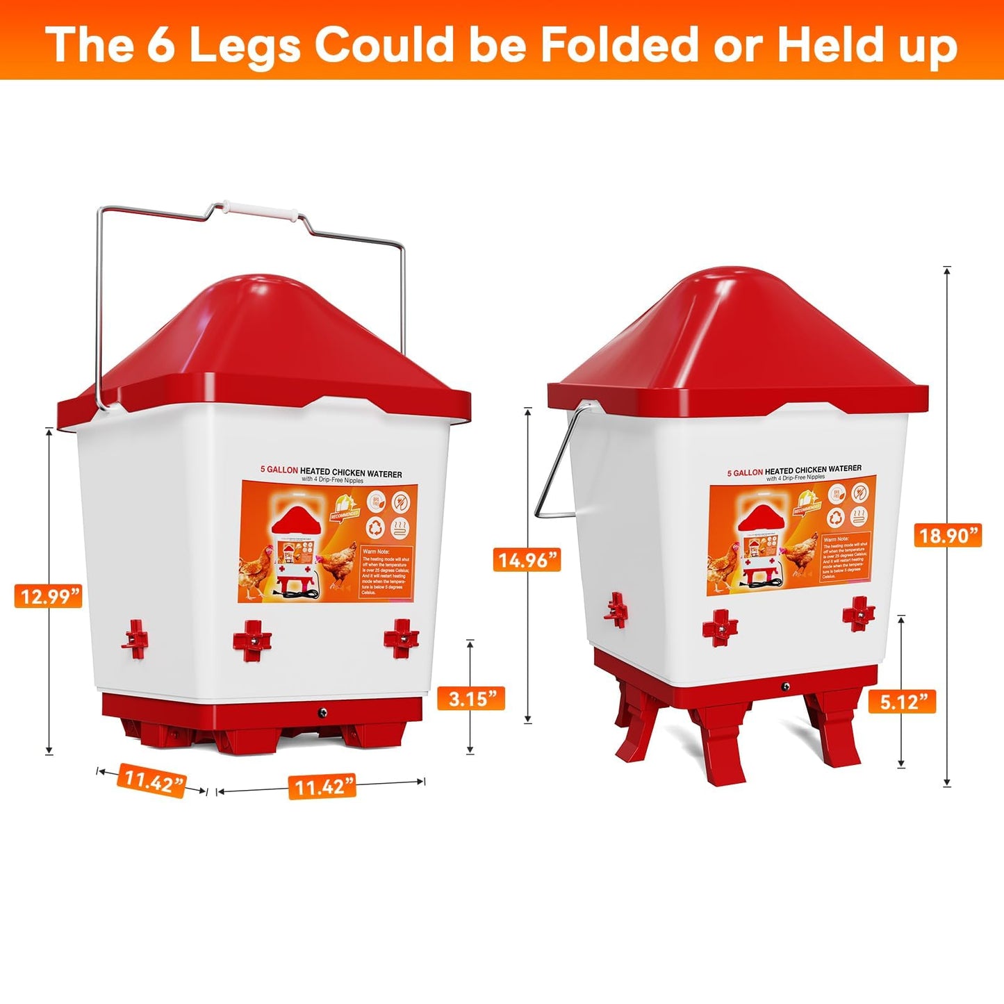Heated Chicken Waterer, Thermostatically Controlled Poultry Waterer with 4 Nipples and 6 Foldable Legs, Large Hanging Chick Water Heater for Winter Chicken Coop Accessories, 5 Gallon (Red + White)