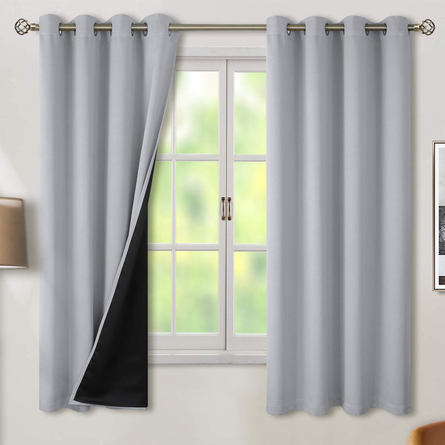 BGment Thermal Insulated 100% Blackout Curtains for Bedroom with Black Liner, Double Layer Full Room Darkening Noise Reducing Grommet Curtain, 2 Window Curtain Panels of 52 x 63 Inch, Light Grey