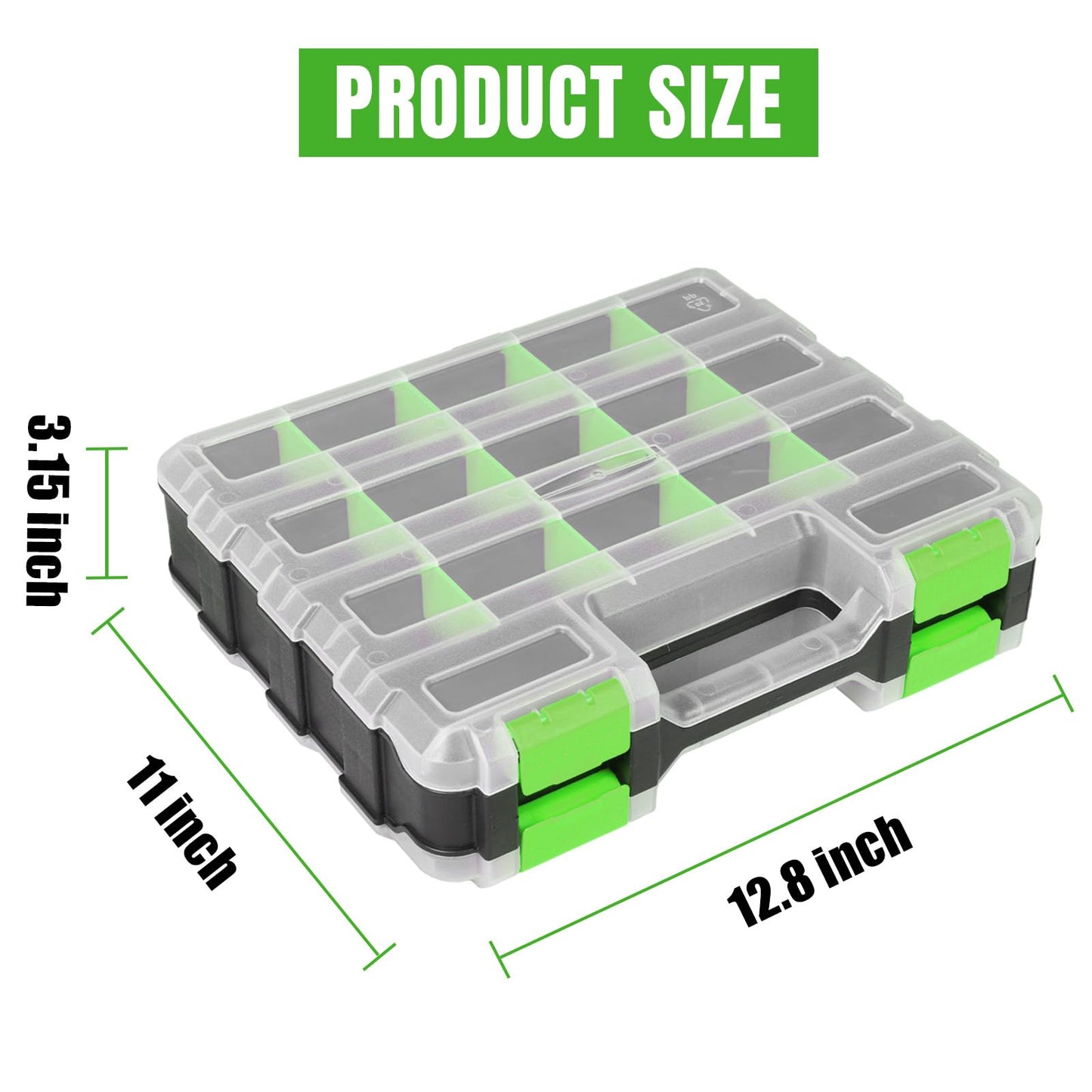 Jack Boss Tool Box with Transparent Lid, Double Side 34-Compartments Organizer Box with Removable Dividers for Hardware, Screws, Bolts, Nails, Beads, Jewelry and Fishing Accessories, Green, 2 Pack