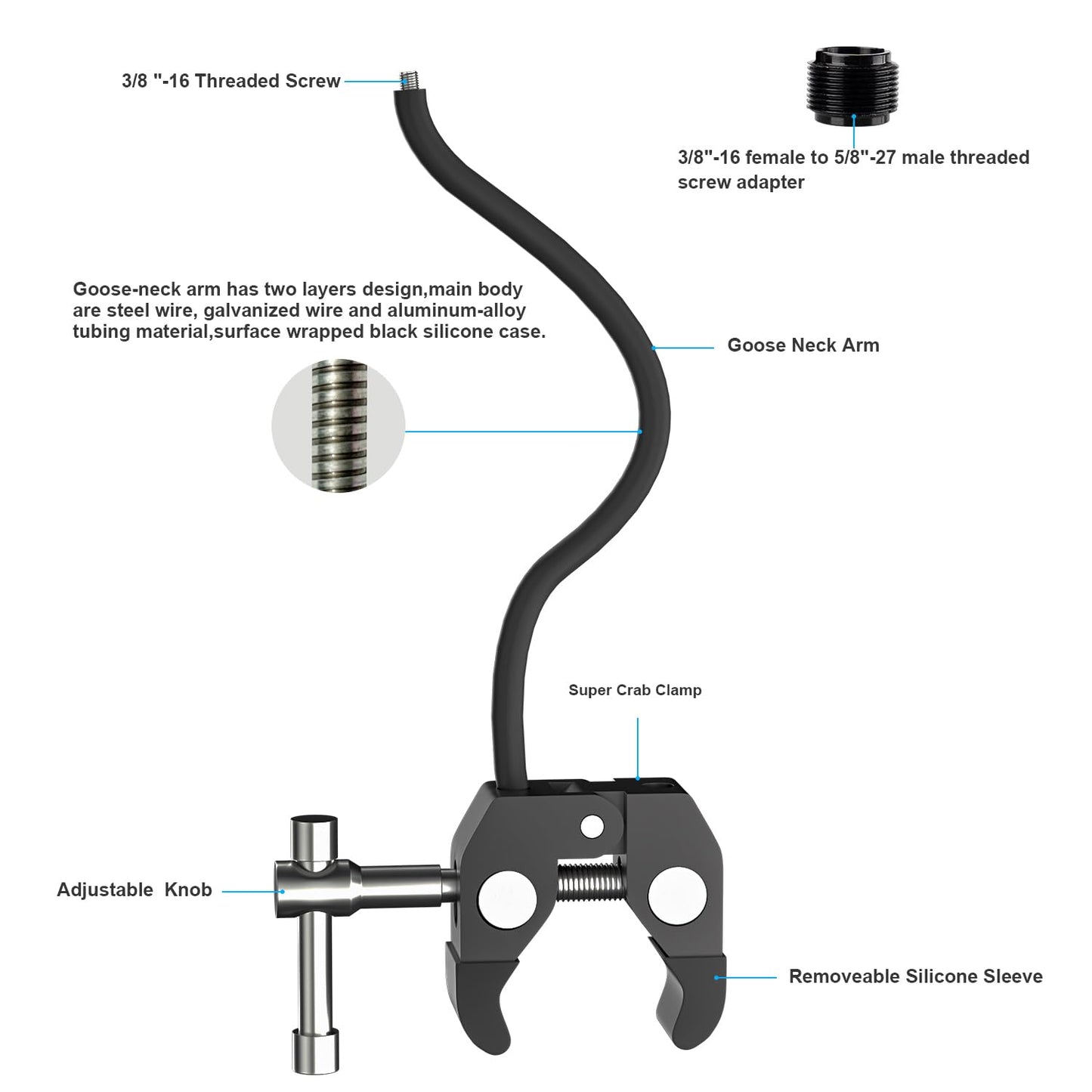 Mippko Gooseneck Microphone Stand,19.69" Flexible Adjustable Arm Super Crab Clamp Mic Clip 3/8"-16 to 5/8"-27 Adapter Mount,Compatible with Shure/Fifine / AT2020 / Pyle/Blue Snowball/Razer