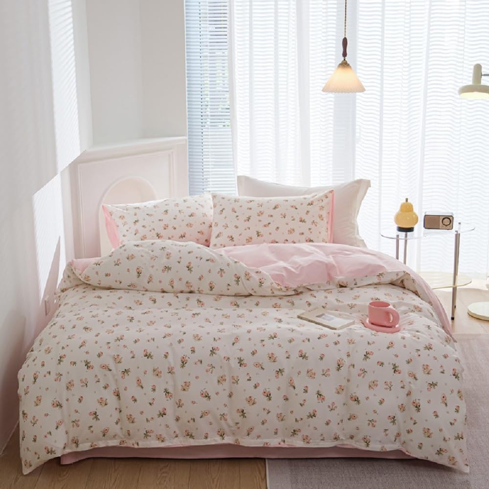 Erwinmu Floral Duvet Cover Set Queen Size,White Pink Floral Flowers Bedding Duvet Cover with Zipper Closure,Soft Microfiber Comforter Cover 90"x90" and 2 Pillowcases 20"x30"