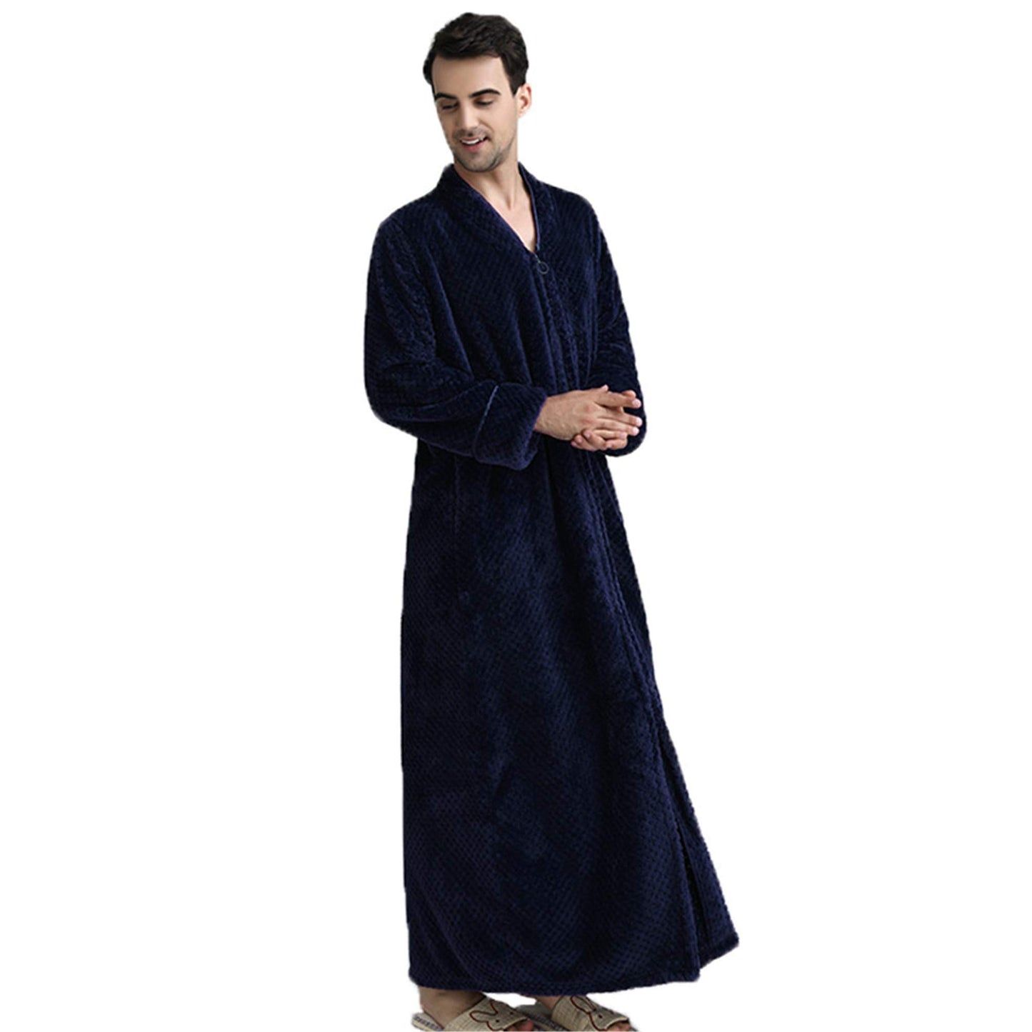 BIFINI Unisex Luxury Sherpa Bathrobe Full Length Zip Up Housecoat Sleepwear Navy XL