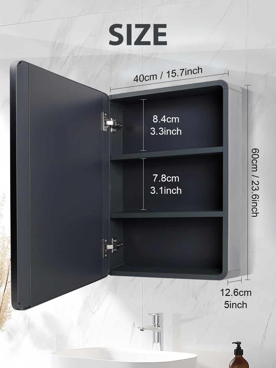 Avidanza 16x24 Inch Bathroom Medicine Cabinet with Mirror, Small Farmhouse Surface Cabinet with Soft-Close Hinges, Rounded Corner Aluminum Metal Vanity Frame & Glass, with 2 Toothbrush Holders (Grey)