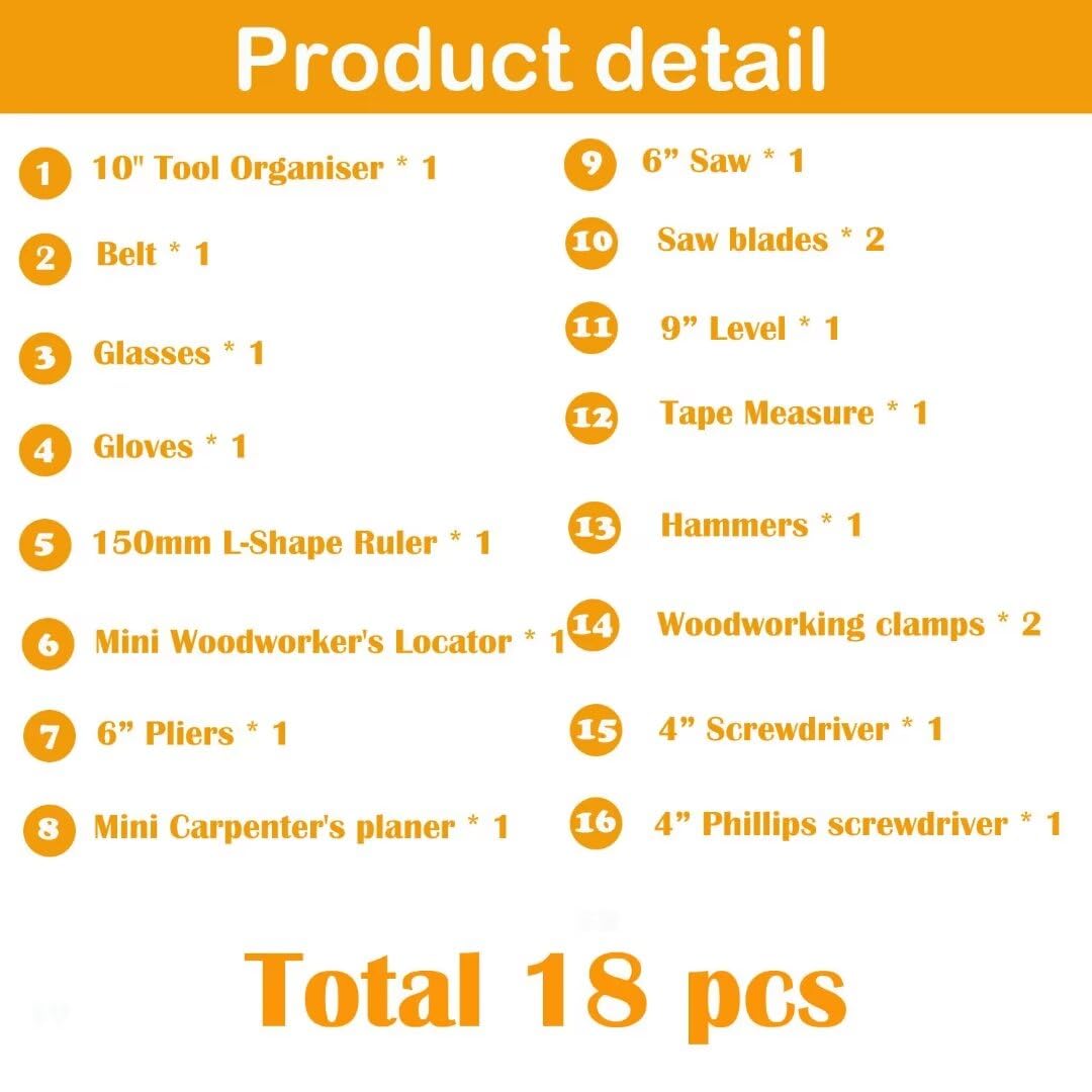 QeeHeng Kids Tool Set, Kids Real Tools kit, Real Children's Tool Set Toy for DIY Construction Woodworking Building, with Bag & Belt & Hammer & Handsaw, 18 Pieces, Gift for Boys Girls