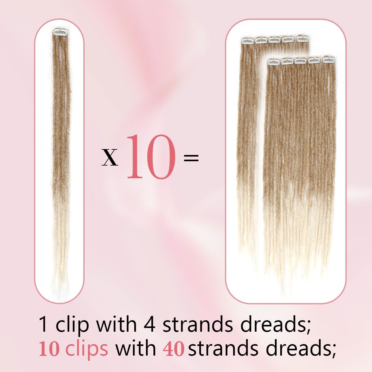 24 Inch Clip in Dreadlock Hair Extensions 10Clips 40 Strands Synthetic Handmade Soft Clip In Dreads Extensions for Women,Brown/Blonde