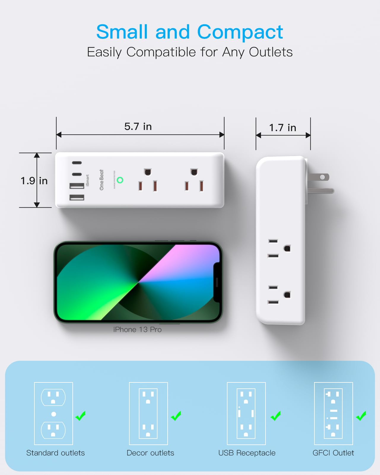 2 Pack Surge Protector Outlet Extender with Rotating Plug, 6 AC Multi Plug with 3 USB Ports (1 USB C), 1800 J, 3-Sided Swivel Power Strip with Spaced Splitter for Dorm Office, White