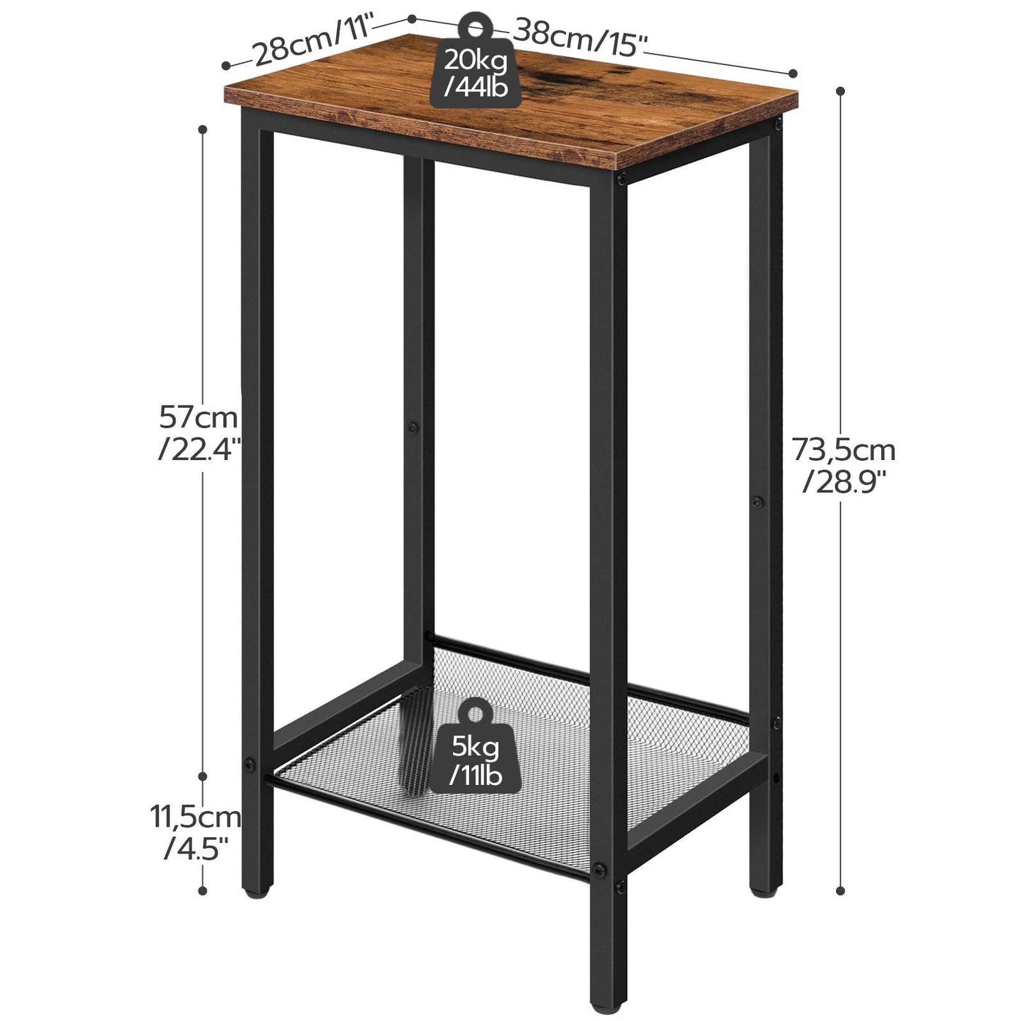 HOOBRO Tall Side Table, Industrial End Telephone Table with Adjustable Mesh Shelves, Small Entryway Table, Laptop Table for Office, Hallway, Living Room, Rustic Brown and Black BF03DH01