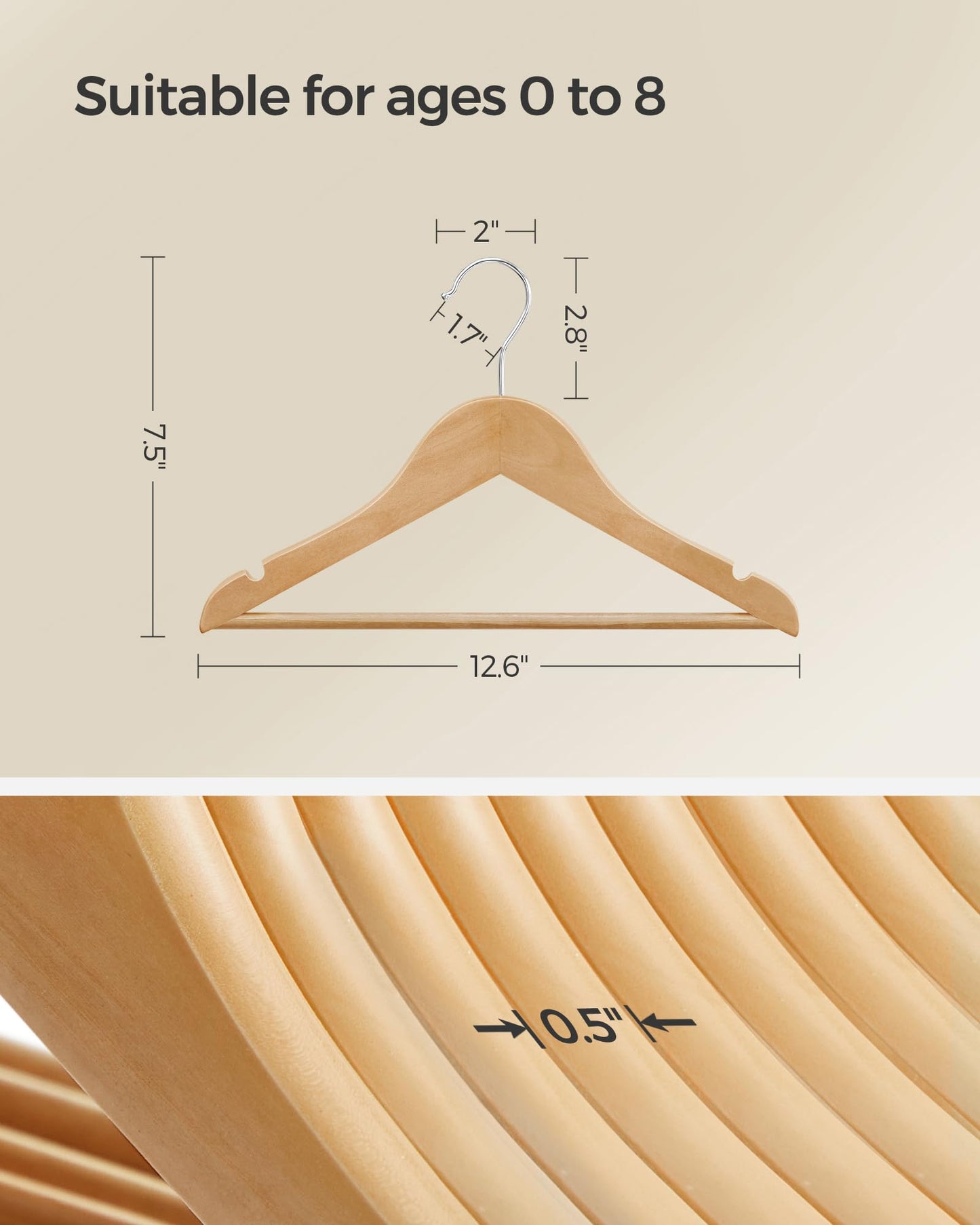 SONGMICS Kids Wooden Hangers 20 Pack, Solid Wood Baby Hangers, Children's Coat Hangers with Pants Bar, Shoulder Notches, Swivel Hooks, 12.6 x 7.5 Inches, Natural and Silver UCRW06NL