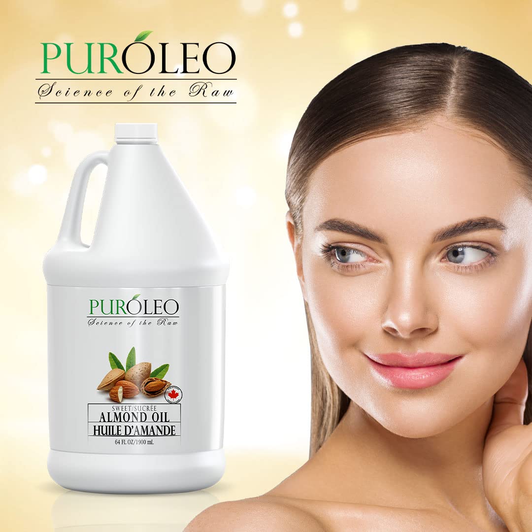 PUROLEO Sweet Almond Oil 64 Fl Oz/1900 ML (Packed In Canada) Pure Almond Oil for Skin, Hair, & Body | Organic Carrier Oil & Body Oils For Women | Almond Butter Hair Oil, Body Oil, Baby Oil, Massage Oil huiles essentielles Amande Douce Huile Massage
