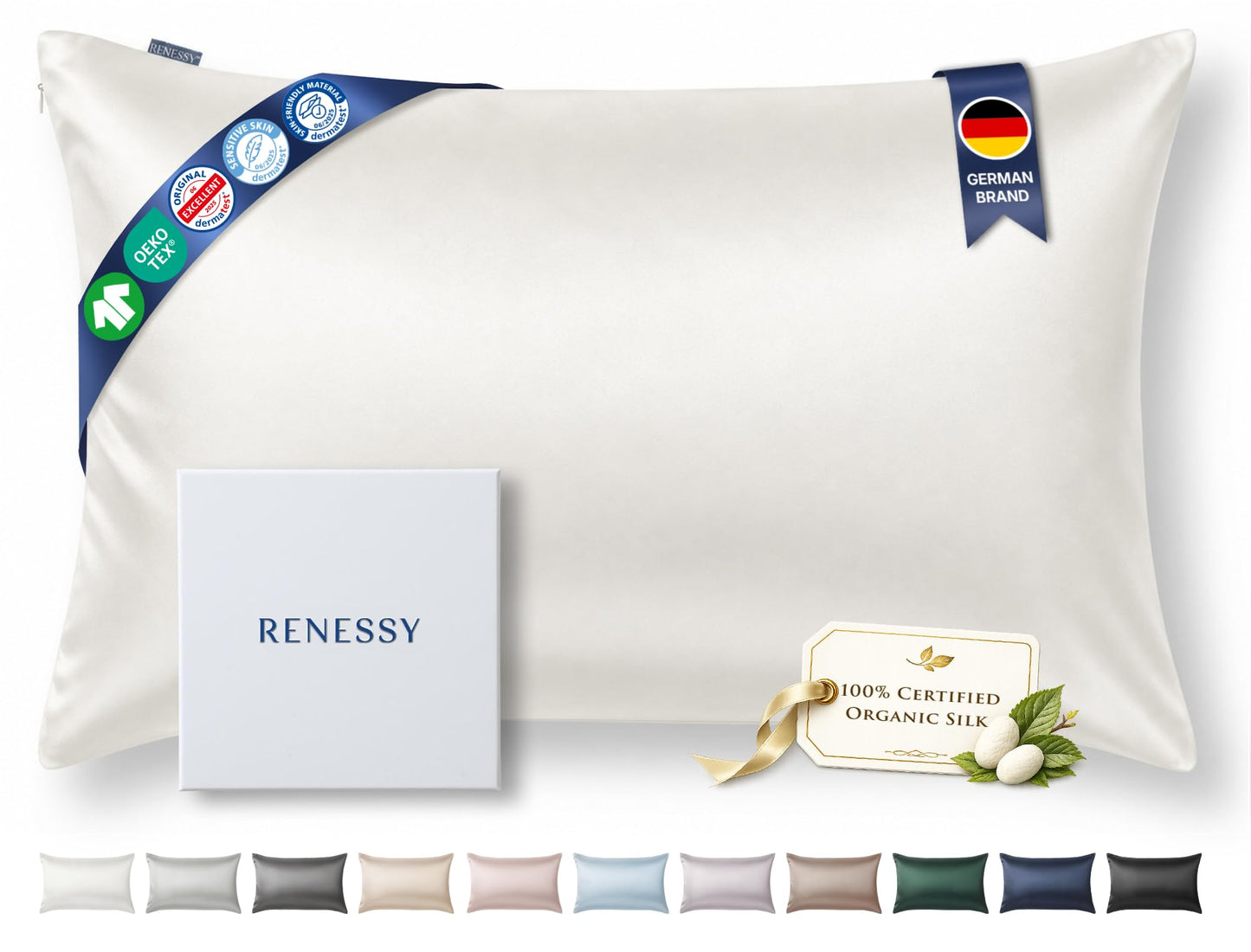 RENESSY Premium Silk Pillowcase 100% Organic Mulberry Silk, 22 Momme, Grade 6A - Oeko-Tex Certified in Germany - Luxury for Hair & Skin, 1 Piece (Standard, Natural Silk Off-White)