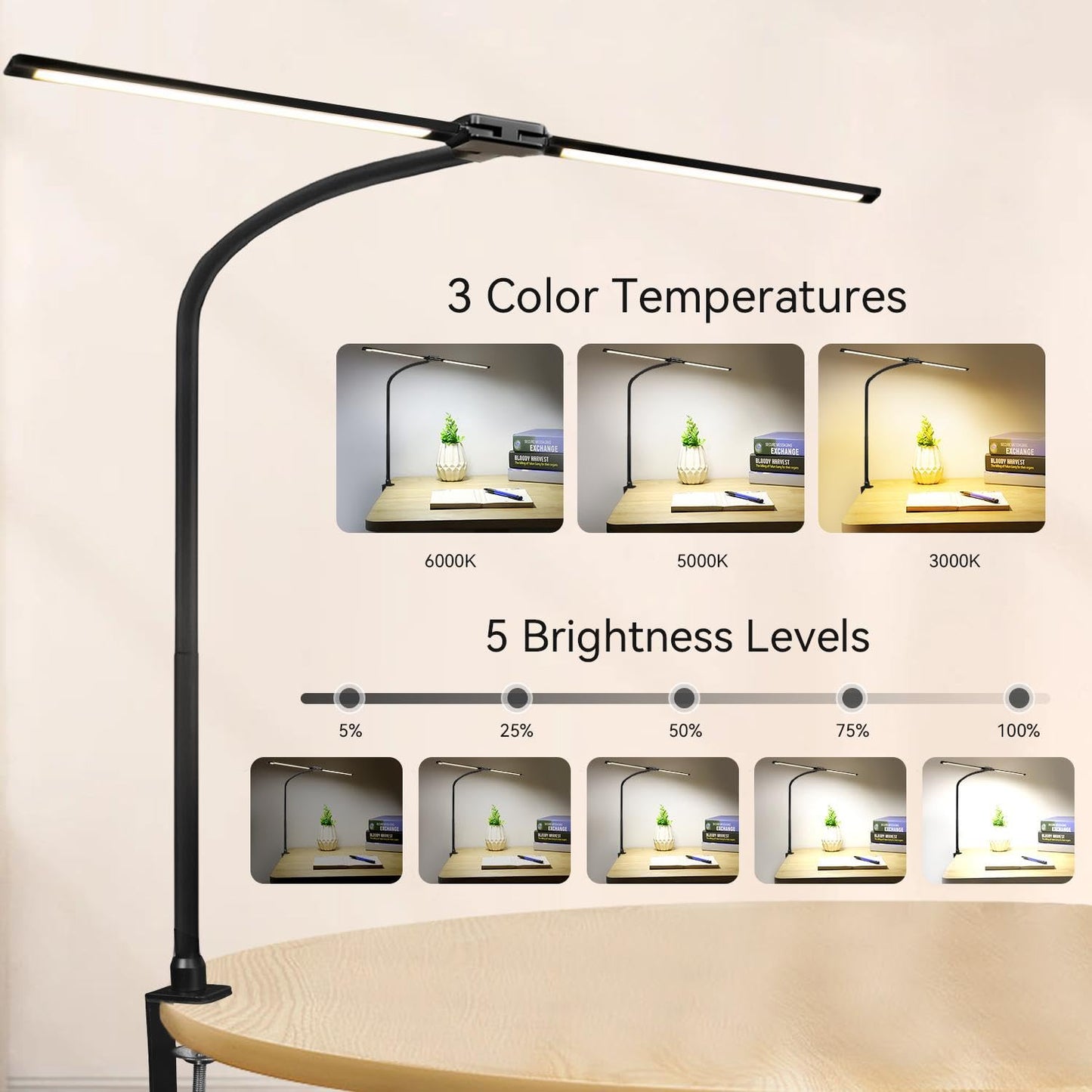 CNSUNWAY LED Desk lamp, Double Head Architect Desk Lamps for Home Office with Clamp, 3 Color 5 Brightness, Long Flexible Gooseneck, Eye Protection Desk Light with USB Adapter, Black