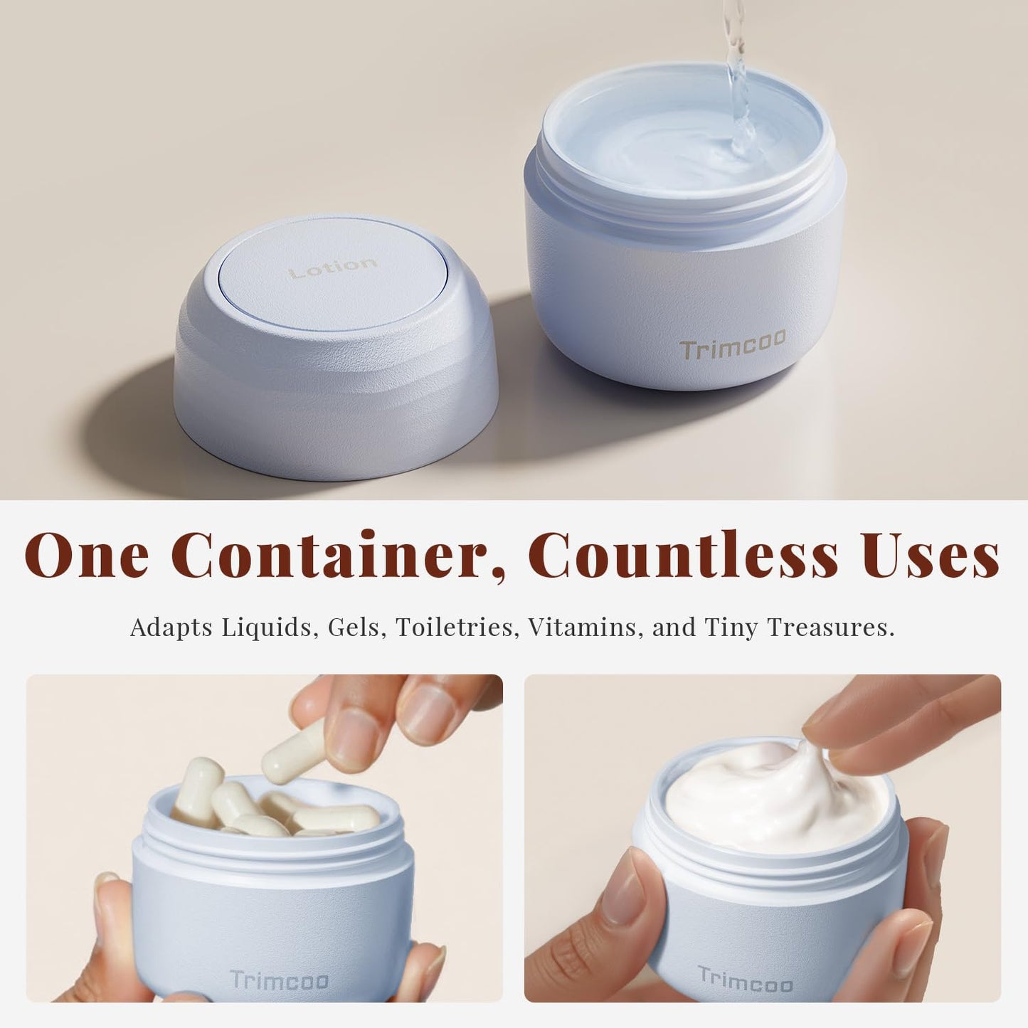 Trimcoo Travel Containers - Basic Skincare Set - Magnetic Travel Capsules - Facial Cleanser, Moisturizer, Sunscreen - 3 Small Capsules (0.56oz) with Cleanser, Moisturizer & Sun-Icon Label - Blue