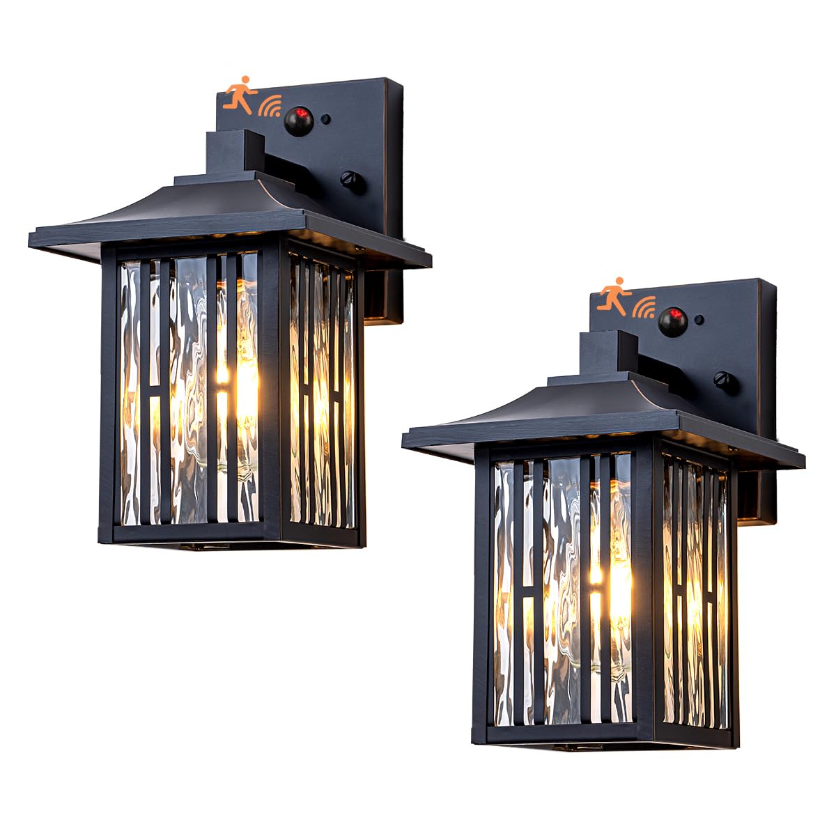 OUPAVOCS Outdoor Wall Lights with Motion Sensor, Dusk to Dawn Porch Light Sconce, Mate Black Exterior Wall Lantern with Water Glass, Patio Lighting Fixtures Wall Mount for House, Set of 2